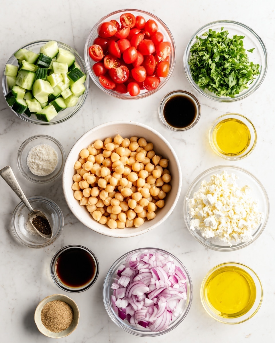 The image shows a top view of several clear and white bowls with fresh ingredients on a white marbled surface. In the center is a white bowl full of light beige chickpeas, surrounded by smaller bowls containing bright red halved cherry tomatoes, chopped green cucumbers, finely chopped purple onions, fresh green parsley, crumbled white cheese, a small amount of black and white seasoning, a small spoon of beige mustard, a small bowl of golden olive oil, a bowl with dark brown balsamic vinegar, and a clear bowl with light yellow lemon juice. Everything is neatly arranged with good lighting and shadows. Photo taken with an iphone --ar 4:5 --v 7