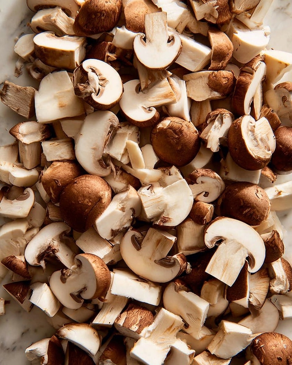 The image shows a large pile of raw, chopped mushrooms spread out closely together on a white marbled texture. The mushrooms are mainly light beige inside with dark brown caps, some fully whole with rounded tops, others cut into segments exposing their smooth, soft inside and firm textures. The chopped pieces vary in size and shape, creating a mix of curved and straight edges. The whole mushrooms add round, rich brown spots to the mix, contrasting with the pale flesh visible on most pieces. Photo taken with an iphone --ar 4:5 --v 7