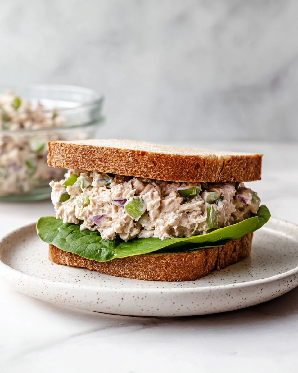 A sandwich with two slices of whole grain bread, the bottom slice topped with a layer of green lettuce leaves. Above the lettuce is a thick layer of tuna salad mixed with small pieces of green celery and bits of purple onion, creating a textured and chunky look. The top slice of bread rests neatly on the filling. The sandwich sits on a white plate with a subtle speckled pattern, placed on a white marbled surface. In the blurred background, a clear glass bowl with more tuna salad is visible. Photo taken with an iphone --ar 4:5 --v 7