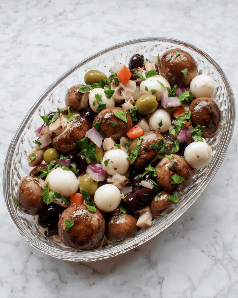 A clear glass oval dish holds a mix of whole brown mushrooms with a smooth, slightly shiny texture, scattered bright green and dark purple olives, small white mozzarella balls, and small pieces of red bell pepper and red onion. Fresh green herb leaves are sprinkled across the ingredients, adding a light touch of color. The dish sits on a white marbled surface. photo taken with an iphone --ar 4:5 --v 7