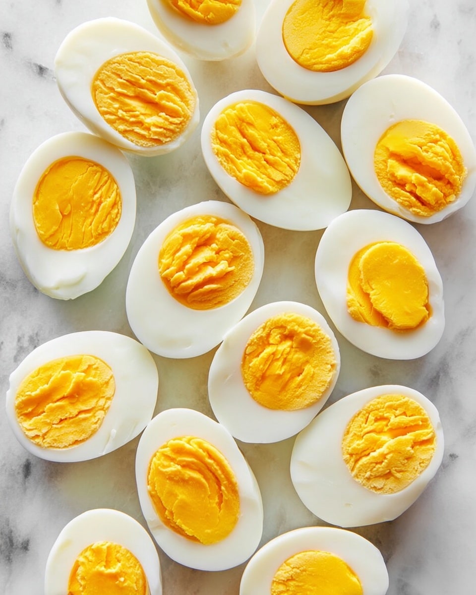 A collection of hard-boiled egg halves is arranged closely on a white marbled surface, each showing a smooth white outer layer with bright yellow yolks inside. The yolks vary slightly in texture, some smooth and firm while others are softer and slightly cracked. Each egg half has been lightly sprinkled with black pepper, adding small black specks across the whites and yolks. The eggs are positioned in a scattered pattern, covering the entire frame with no other elements present, showing a clean and simple presentation. Photo taken with an iphone --ar 4:5 --v 7