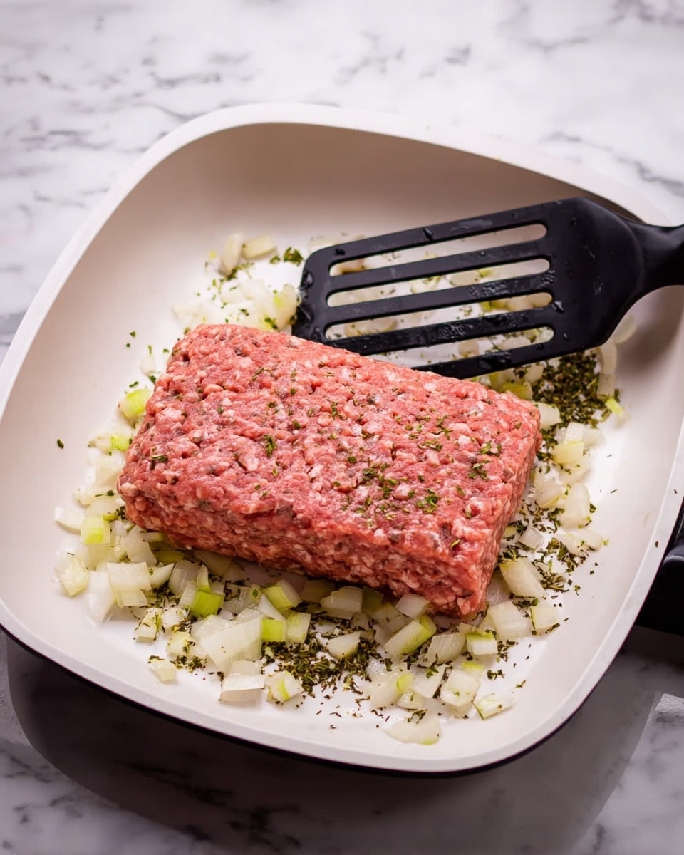 A white pan with diced onions and herbs spread around the edges, and a thick, rectangular block of raw ground meat placed in the center. To the right side of the pan, a black slotted spatula rests with its handle extending out. The scene is set on a white marbled surface. photo taken with an iphone --ar 4:5 --v 7