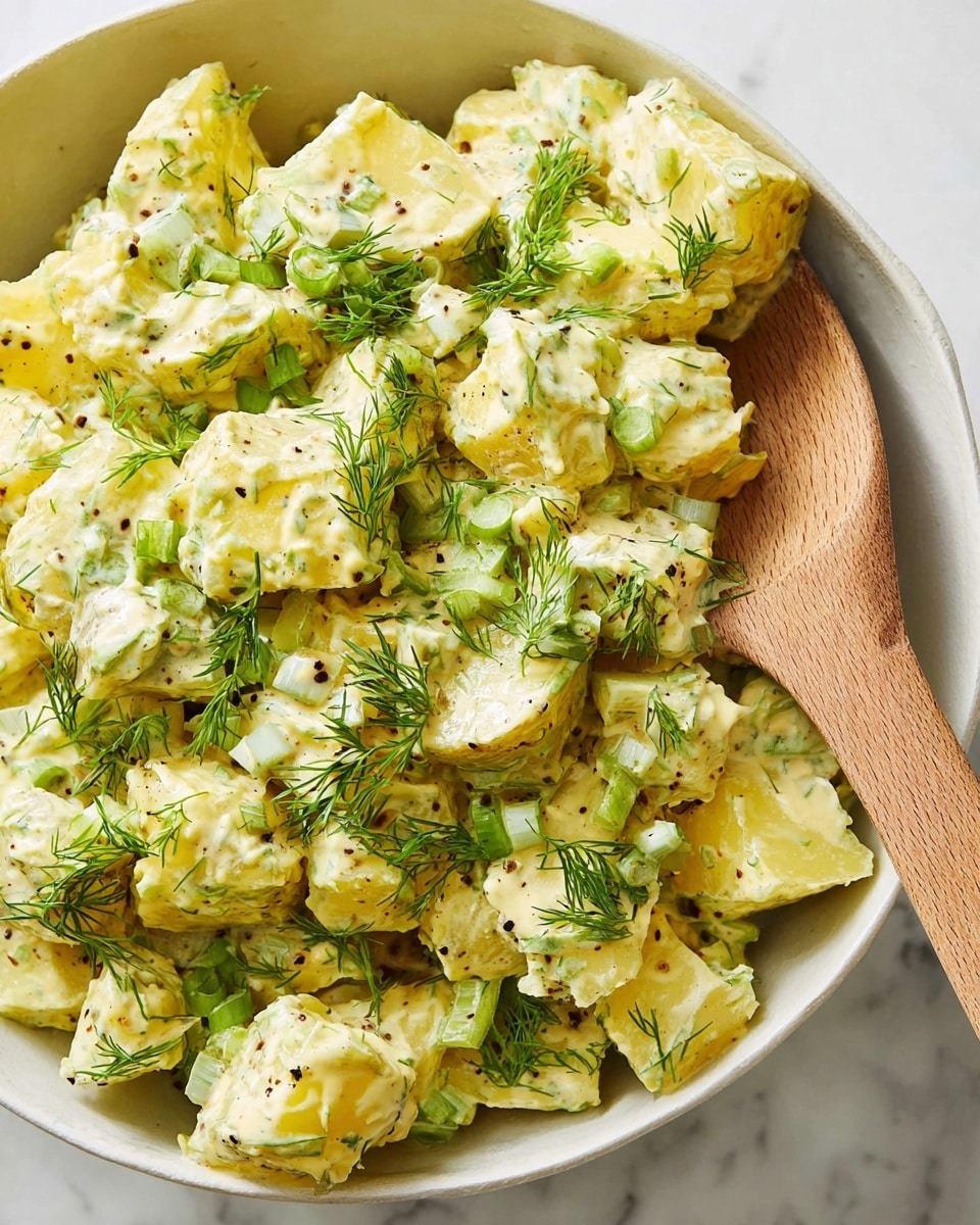 A close-up of a creamy potato salad inside a white bowl on a white marbled surface. The potato salad has large chunks of soft yellow potatoes mixed with light green pieces of celery and herbs. The creamy sauce is pale yellow, coating every piece and showing specks of black pepper and finely chopped green onions. Fresh small dill leaves are scattered on top, adding a fresh green touch. A wooden spoon with a light brown handle is resting on the salad, partially scooping up some of the potatoes. Photo taken with an iphone --ar 4:5 --v 7