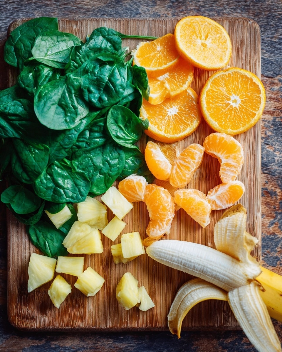 The image shows a wooden board with fresh spinach leaves on the left, bright orange slices and peeled orange segments placed around the board, cubed yellow pineapple pieces near the center, and sliced banana near the bottom right with a partially peeled banana next to them. The colors are bright and fresh, with green, orange, and yellow tones contrasting against the wood texture. photo taken with an iphone --ar 4:5 --v 7
