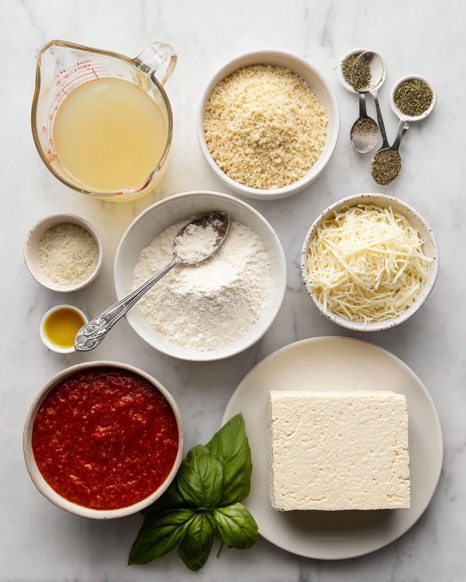 A flat lay of various ingredients for a vegan dish arranged neatly on a white marbled surface. There is a clear glass measuring cup filled with light yellow broth labeled vegan