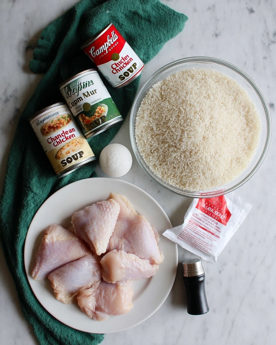 The image shows raw chicken pieces placed on a white plate in the bottom left corner. Above and around the plate, there is a clear glass bowl filled with uncooked rice. To the top left of the rice is a green cloth partially spread out. Next to the cloth are two cans of Campbell’s soup—one labeled Cream of Mushroom and the other Cream of Chicken—both tilted slightly and resting near each other. On the right side of the rice bowl, there is a white packet with red text and below that, a small white spice container with a red cap labeled garlic powder. A black pepper grinder stands vertically near the green cloth and soup cans. All items are set on a white marbled surface. photo taken with an iphone --ar 4:5 --v 7