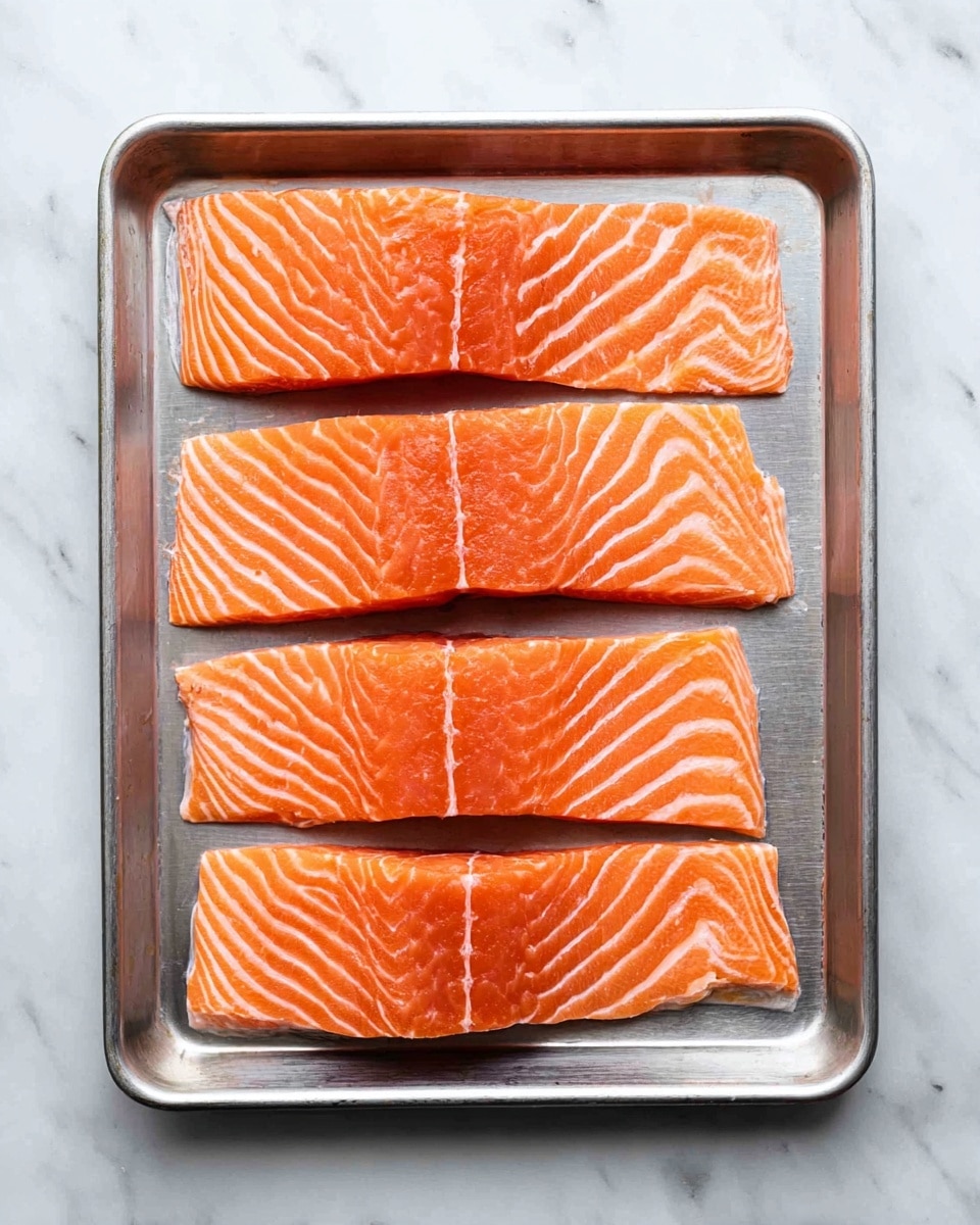 Four raw salmon fillets are placed in a single layer on a rectangular metal baking tray. Each fillet is a bright orange color with white marbled lines running through the flesh, showing typical fish patterns. The fillets are neatly arranged one above the other, all facing the same direction. The baking tray sits on a white marbled surface, giving a clean and fresh look. The photo taken with an iphone --ar 4:5 --v 7