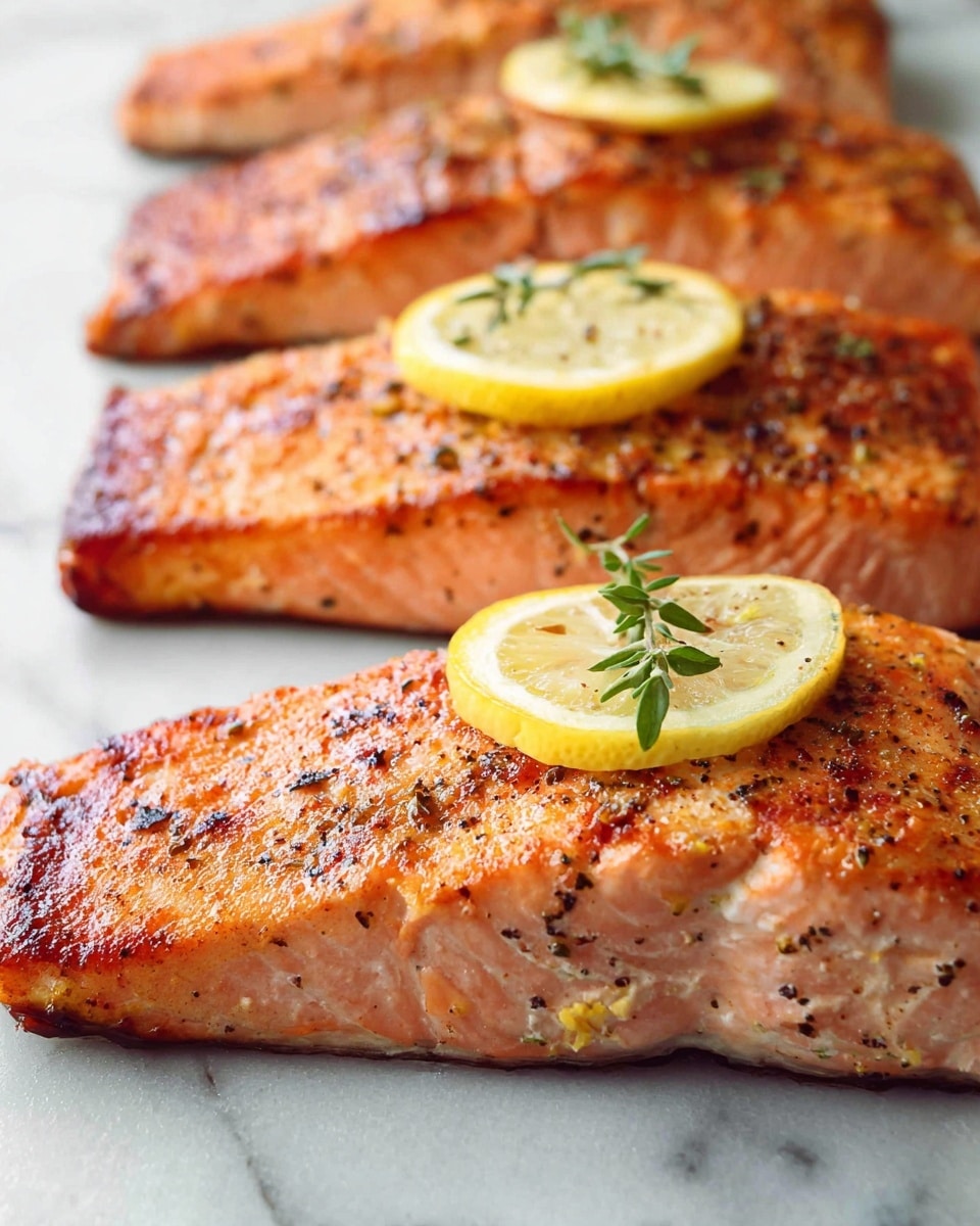 Four grilled salmon fillets lie side by side on a metal tray placed on a white marbled surface. Each fillet is warmly browned with a golden-orange color and slight charring around the edges. Thin lemon slices with small green herbs rest on top of three of the fillets, adding a fresh yellow and green contrast. The salmon texture shows a mix of smooth and crispy spots, with a sprinkle of seasoning visible across the surface. The light reflects softly off the cooked fish, highlighting its moistness and cooked flakiness photo taken with an iphone --ar 4:5 --v 7