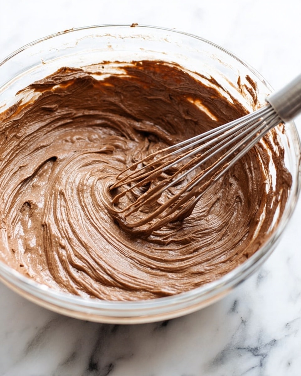 A clear glass bowl filled with light brown chocolate batter that looks thick and smooth, with visible ridges and swirls formed by whisking. A shiny metal whisk is lying on the right side inside the bowl, partly covered in the batter, and the ridges in the mix show the motion of the whisk. The bowl is placed on a white marbled surface. Photo taken with an iphone --ar 4:5 --v 7