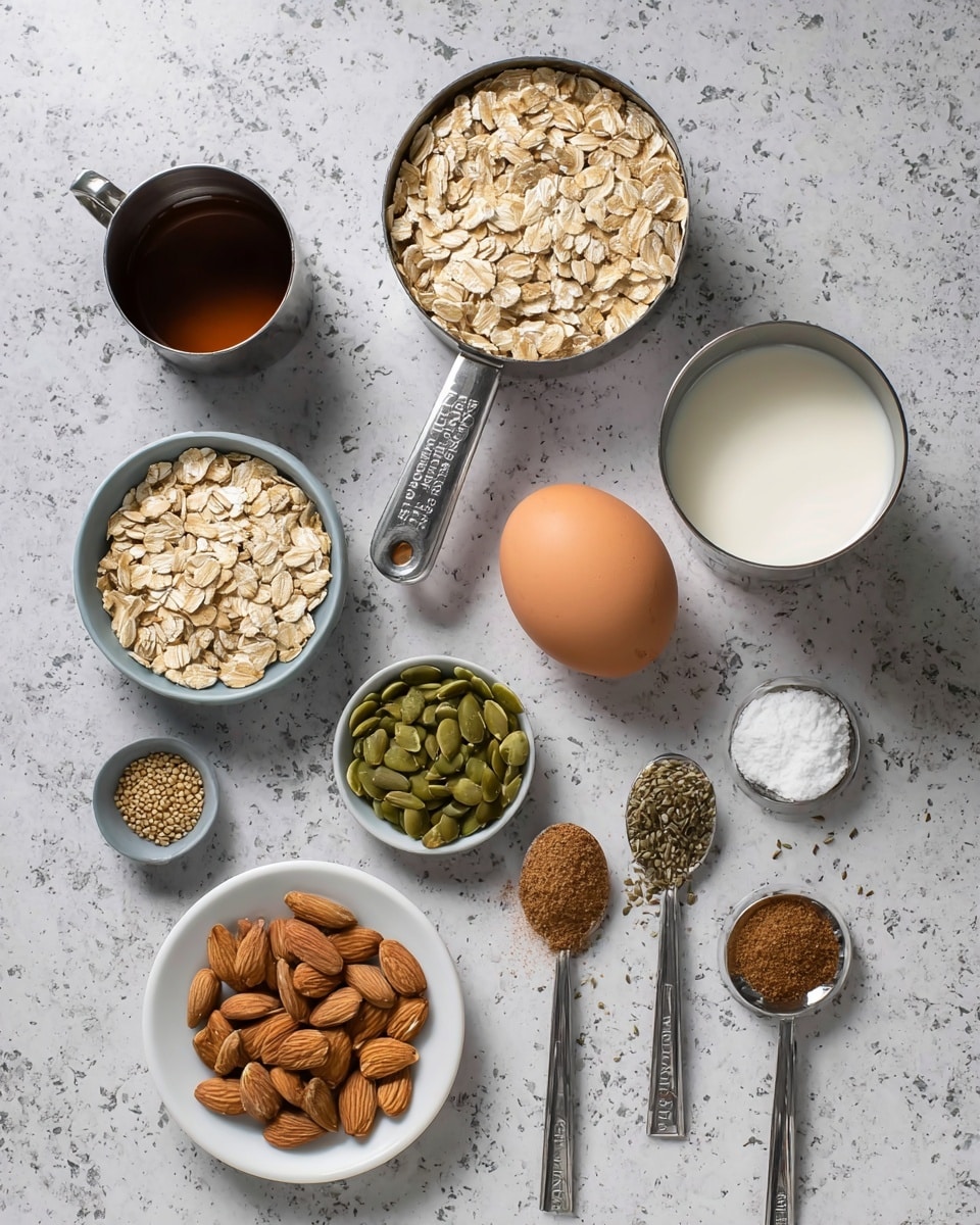 The image shows an overhead view of various ingredients arranged on a white marbled surface. In the center, there is a single brown egg. Around it are nine small dishes and utensils. At the top is a metal measuring cup filled with rolled oats. To the left is a small white bowl of light brown pine nuts, and nearby a gray bowl holds pale sesame seeds. Next to the egg on the right is a small white plate with green pumpkin seeds, and below it another white plate with whole almonds. To the right of the almonds are three measuring spoons containing light brown flax seeds, cinnamon powder, and white baking powder. At the top left corner is a small silver measuring cup filled with dark maple syrup, and at the top right, a metal cup filled with creamy white liquid, likely milk. The ingredients are evenly spaced, each showing clear texture and color differences. The photo taken with an iphone --ar 4:5 --v 7