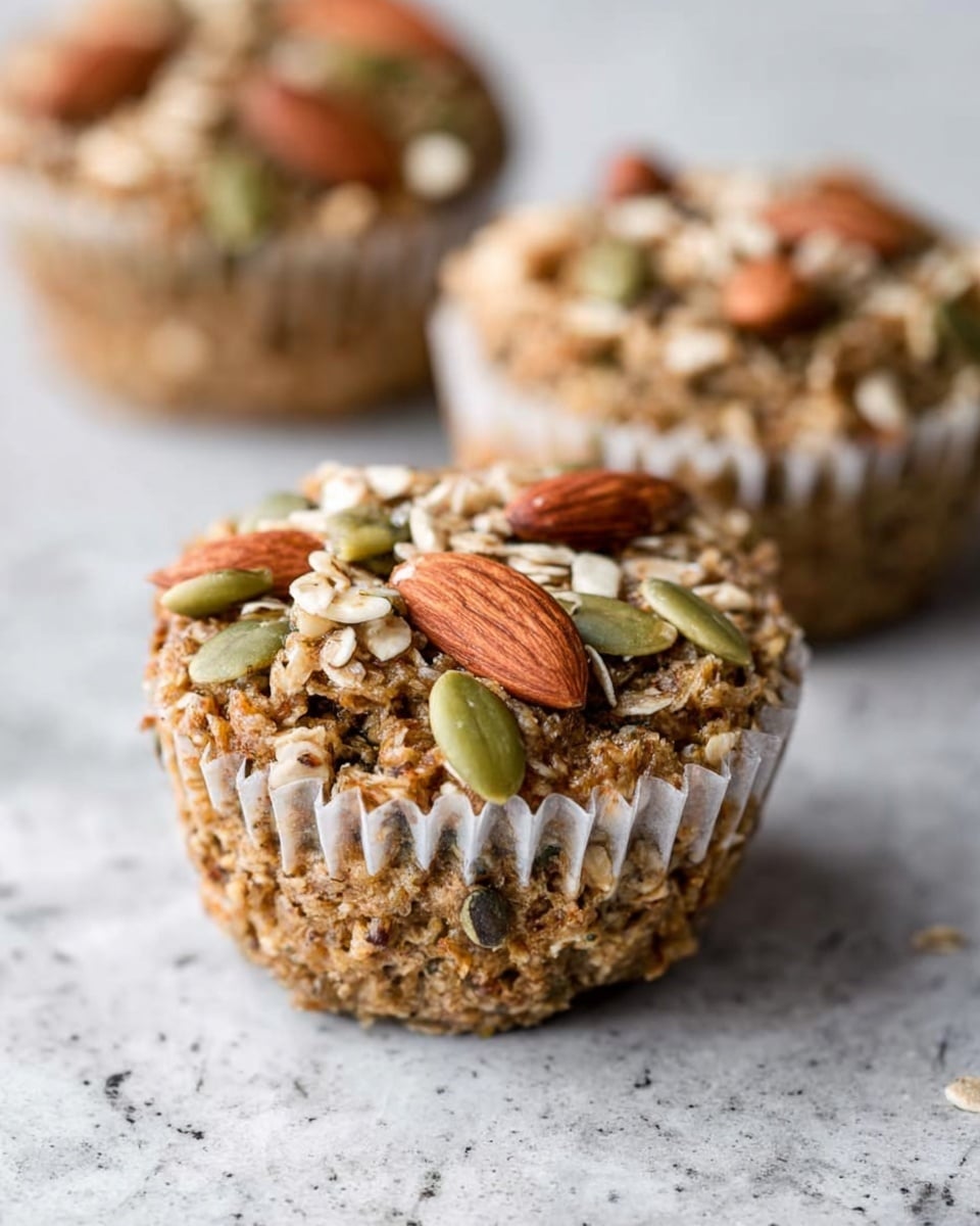 The image shows three nut and seed muffins placed on a white marbled surface. Each muffin has a rough texture made from oats, seeds, and nuts, with a light brown color. The top layer is decorated with whole almonds and pumpkin seeds scattered unevenly, adding a shiny and smooth brown and green touch. The muffins are nestled inside white paper liners with slight folds, and the background is softly blurred with two muffins in the back. The lighting emphasizes the texture and natural colors of the ingredients. Photo taken with an iphone --ar 4:5 --v 7