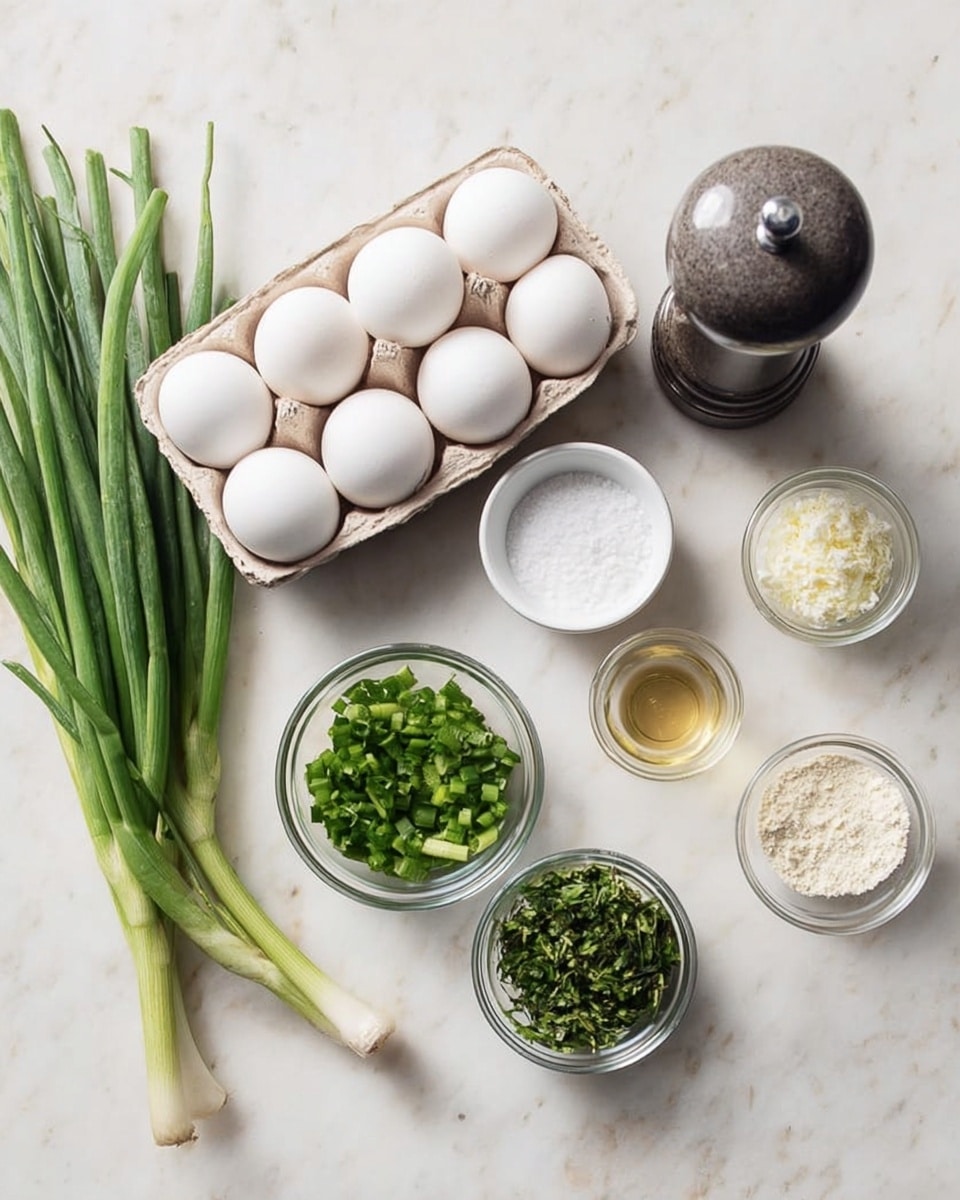 A white marbled surface holds several ingredients arranged neatly: on the left, a bunch of fresh green onions with long green stalks; next to it, a cardboard tray with six white eggs; above the eggs, a small white bowl filled with white salt; to the right of that, a small glass bowl with chopped green onions; below it, another small glass bowl with chopped green leafy herbs; slightly above and to the right, a tiny clear glass with light golden liquid; next to it, a small glass bowl with a white powdery substance; and on the far right, a large pepper grinder with a dark grey top. photo taken with an iphone --ar 4:5 --v 7