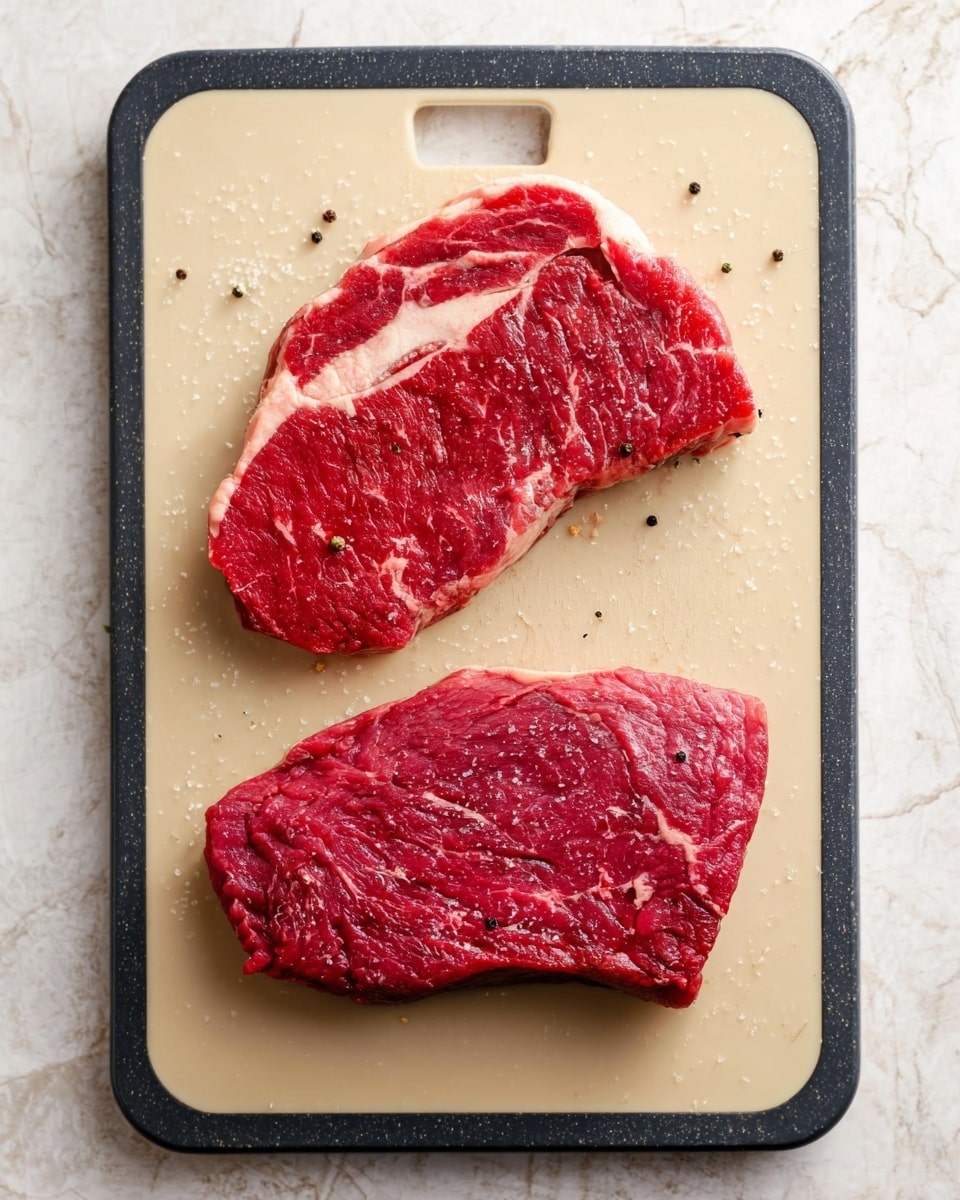 Two raw red steaks lie side by side on a beige cutting board with rounded corners and a dark edge. The top steak is marbled with white fat, showing a slightly curved shape, while the bottom steak is leaner and darker red with less marbling. Small black pepper and salt grains are sprinkled evenly over both steaks. The cutting board is set on a white marbled surface that contrasts with the rich red colors of the meat. Photo taken with an iphone --ar 4:5 --v 7