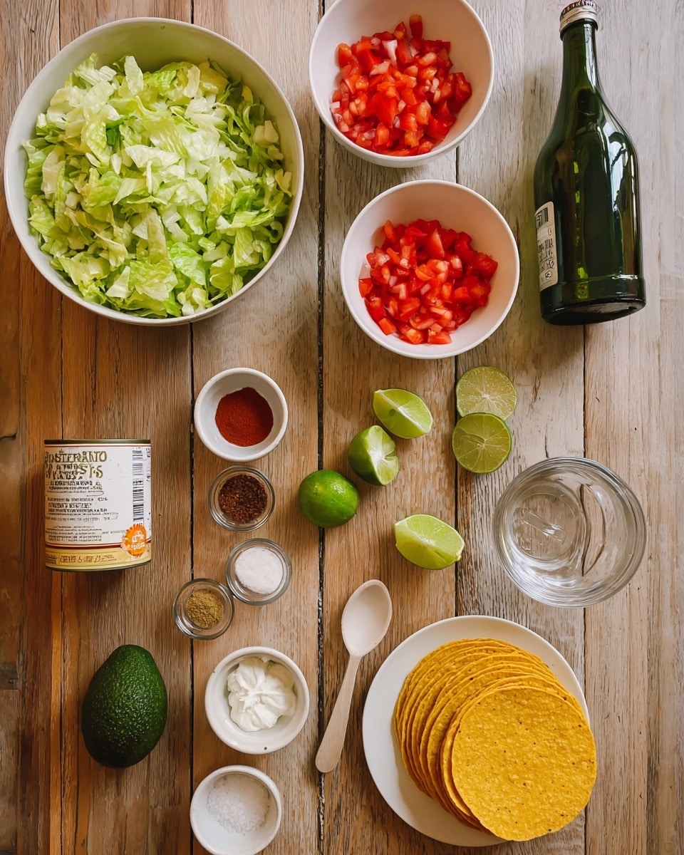 The image shows many ingredients neatly arranged on a wooden table. In the center, there is a white bowl full of chopped green lettuce. Above it, two white bowls hold chopped red tomatoes and diced white onions. To the right side, a tall dark green bottle stands next to a small empty glass bowl and a few slices of fresh green lime. Below the lettuce bowl, a can of garden beans is placed. On the bottom right, there is a white plate with five stacked yellow corn taco shells. On the left side, three small white saucers hold spices in red, dark red, and brown colors. Below them, a white spoon and a small white container with salt rest. Near the bottom left, there is a dark green avocado and a small white plate with some white cream or cheese. The background is a white marbled surface. Photo taken with an iphone --ar 4:5 --v 7