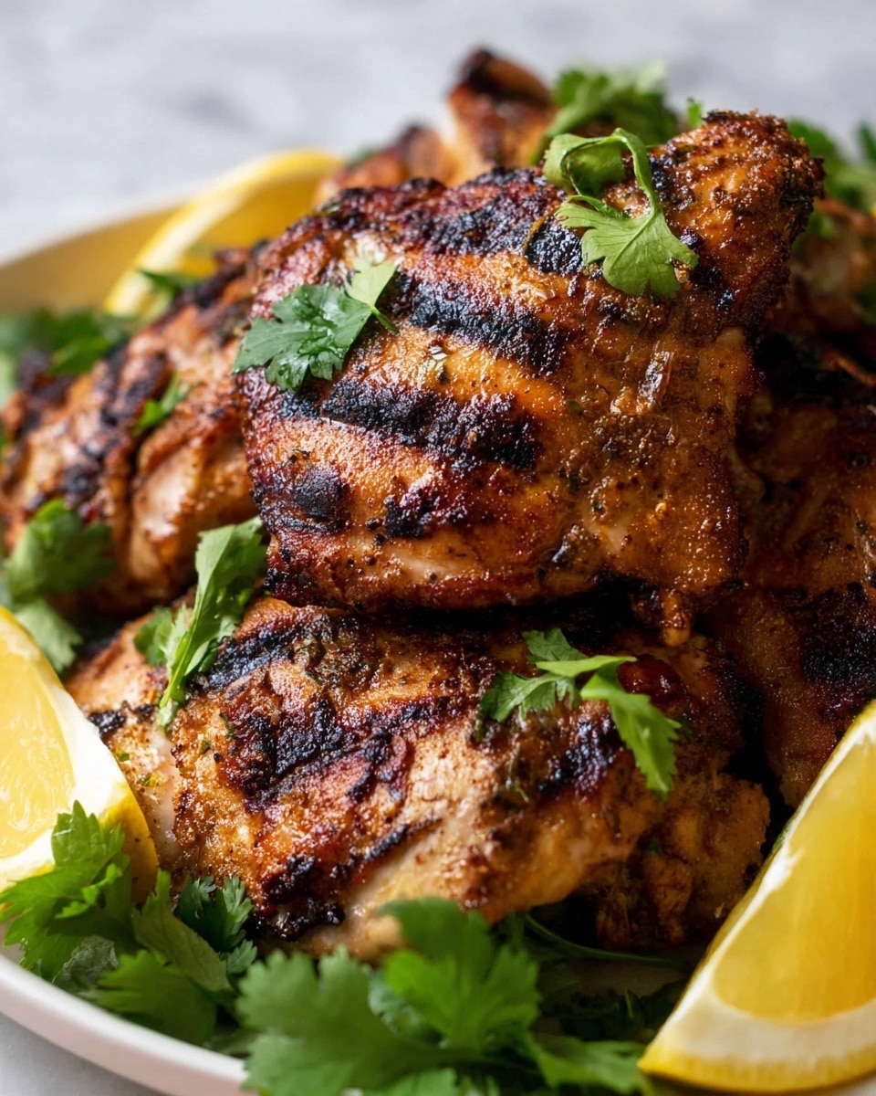The image shows several grilled chicken pieces with dark golden brown colors and visible grill lines, stacked together on a white plate. Fresh green cilantro leaves are scattered on top and around the chicken, adding contrast with their bright green color. On one side of the plate, there are two lemon wedges with bright yellow rind and juicy light yellow flesh. The background surface is a white marbled texture. Photo taken with an iphone --ar 4:5 --v 7
