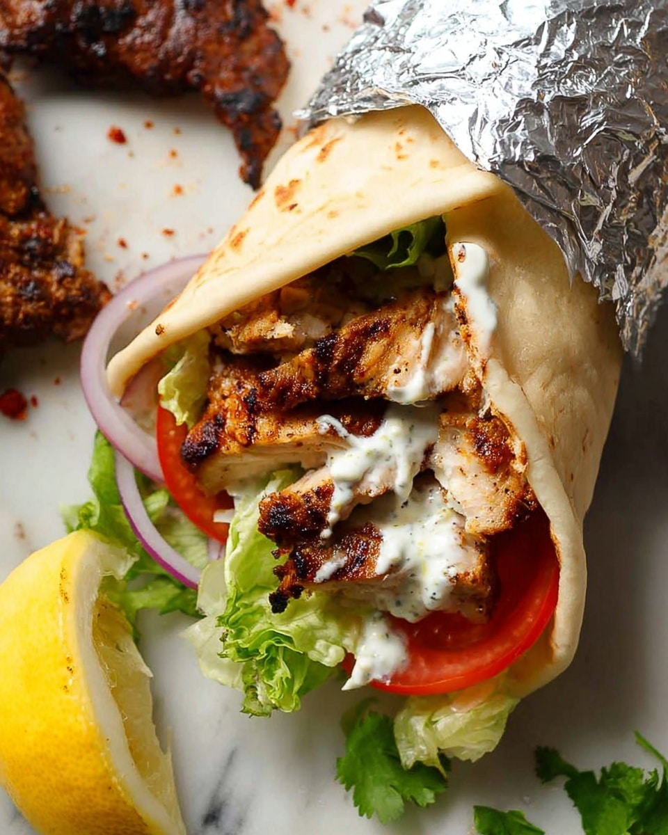 A white pita wrap filled with three layers: a base of green lettuce leaves, a middle layer of grilled brown chicken strips with charred edges, and slices of red tomato on top. The wrap is partially open, resting on brown paper with a white paper sleeve tied with string. Next to the wrap, on a white marbled surface, there are four yellow lemon wedges and a small clear container of white sauce. Above these, a wooden cutting board holds more grilled chicken pieces sprinkled with green chopped herbs, some green lettuce, and slices of red tomato. A woman's hand is lifting one grilled chicken piece with a silver fork. Photo taken with an iphone --ar 4:5 --v 7