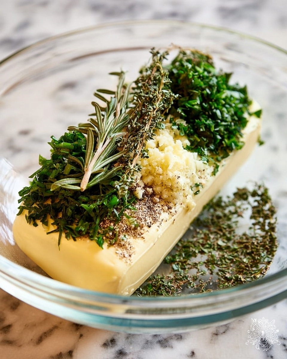 A clear bowl sits on a white marbled surface, holding a large smooth block of pale yellow butter. On top of the butter, there are three distinct layers of finely chopped fresh green herbs, arranged in lines from front to back: a mix of rosemary and other green leaves at the front, a mound of light yellow minced garlic in the middle, and a blend of chopped dark green parsley with coarse ground black pepper sprinkled on top towards the back. Some loose herbs have fallen around the butter inside the bowl. Photo taken with an iphone --ar 4:5 --v 7