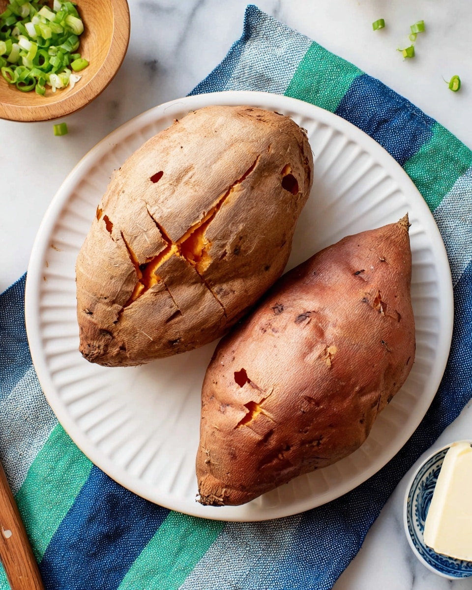 Two baked sweet potatoes are placed side by side on a white plate with slight ridges around the edge. The sweet potato on the left is a dull brown color with a rough texture and small burnt cracks showing orange inside. The one on the right is a more reddish-brown with similar rough skin and small burnt holes revealing orange flesh. The plate is set on a blue cloth with green and darker blue stripes, which lies on a white marbled surface. In the top left corner, part of a small wooden bowl with chopped green onions can be seen. At the bottom right edge, a small white bowl with a blue rim holds a white block of butter, and a wooden spoon handle is visible in the bottom left corner. photo taken with an iphone --ar 4:5 --v 7