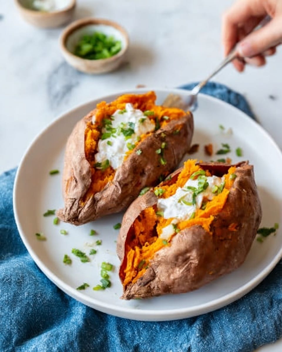 The image shows two baked sweet potatoes on a white plate, placed on a white marbled surface with a blue cloth nearby. Each sweet potato is cut open lengthwise with slightly crisply skin edges folded back, revealing soft, mashed orange flesh inside. The flesh is topped with a dollop of white sour cream and sprinkled with small green chopped herbs, adding a fresh color contrast. Nearby, a small bowl with more herbs is visible in the top left corner, and a woman's hand is about to take one of the potatoes. Photo taken with an iphone --ar 4:5 --v 7