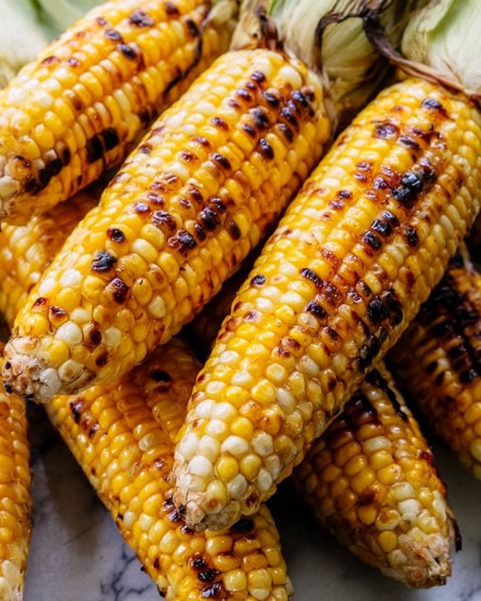 The image shows several ears of grilled corn arranged closely together on a white marbled surface. Each ear has a mix of golden yellow and pale yellow kernels with some charred dark brown and black spots evenly spread across, giving a slightly smoky texture. The corn husks are partially visible, light green and brown, untouched and framing the kernels naturally. The close-up view highlights the shiny, slightly oily surface of the corn, emphasizing the grill marks and the plump, juicy kernels. photo taken with an iphone --ar 4:5 --v 7