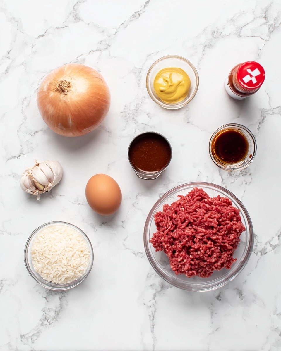 The image shows a white marbled surface with several ingredients spaced out neatly: a whole onion with light brown skin and smooth texture on the top left, a small glass bowl of yellow mustard below it, a single clove of garlic with light purple skin to the left of the mustard, and a small glass bowl of white rice near the bottom left. Toward the center right, there is a clear glass bowl filled with raw ground red meat with a slightly stringy texture. Above it sits one brown egg with a smooth shell. To the right of the egg is a small metal cup with thick dark red sauce inside, and directly above that is a tiny bottle of red hot sauce with a white cap and a red