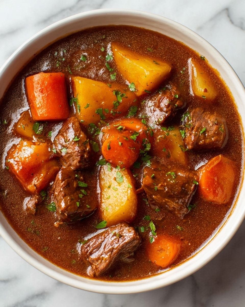 The image shows a single white bowl filled with beef stew on a white marbled surface. The stew has a thick brown sauce with visible chunks of tender brown beef, large bright orange carrot slices, and yellow potato pieces. Small green herb pieces are sprinkled on top, adding a fresh touch. The beef and vegetables are evenly spread through the stew in one layer. The sauce has a smooth, glossy texture that coats all ingredients well. photo taken with an iphone --ar 4:5 --v 7