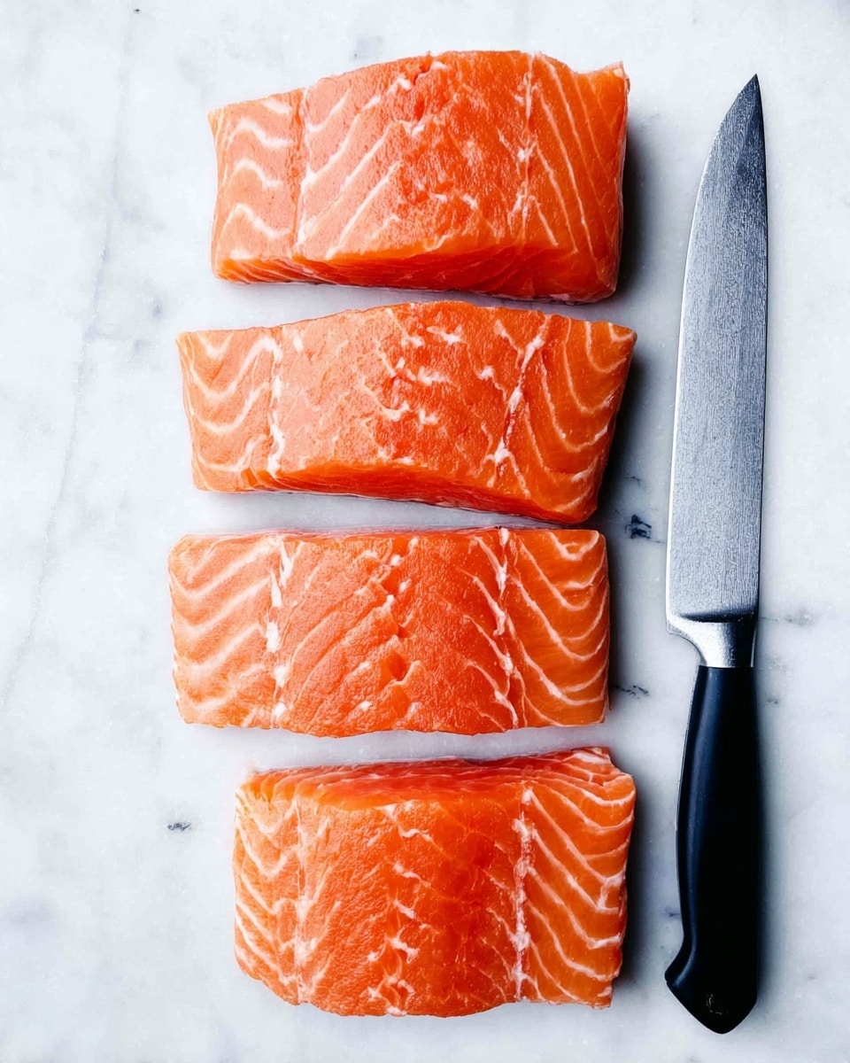The image shows four thick slices of fresh raw salmon arranged vertically on a white marbled surface. The salmon has a bright orange color with clear white lines of fat running through each piece. Each slice has a smooth, slightly shiny texture, showing the freshness of the fish. To the right of the salmon slices, there is a large silver knife with a black handle placed flat on the white marbled surface. The knife blade is clean and sharp, reflecting some light. photo taken with an iphone --ar 4:5 --v 7