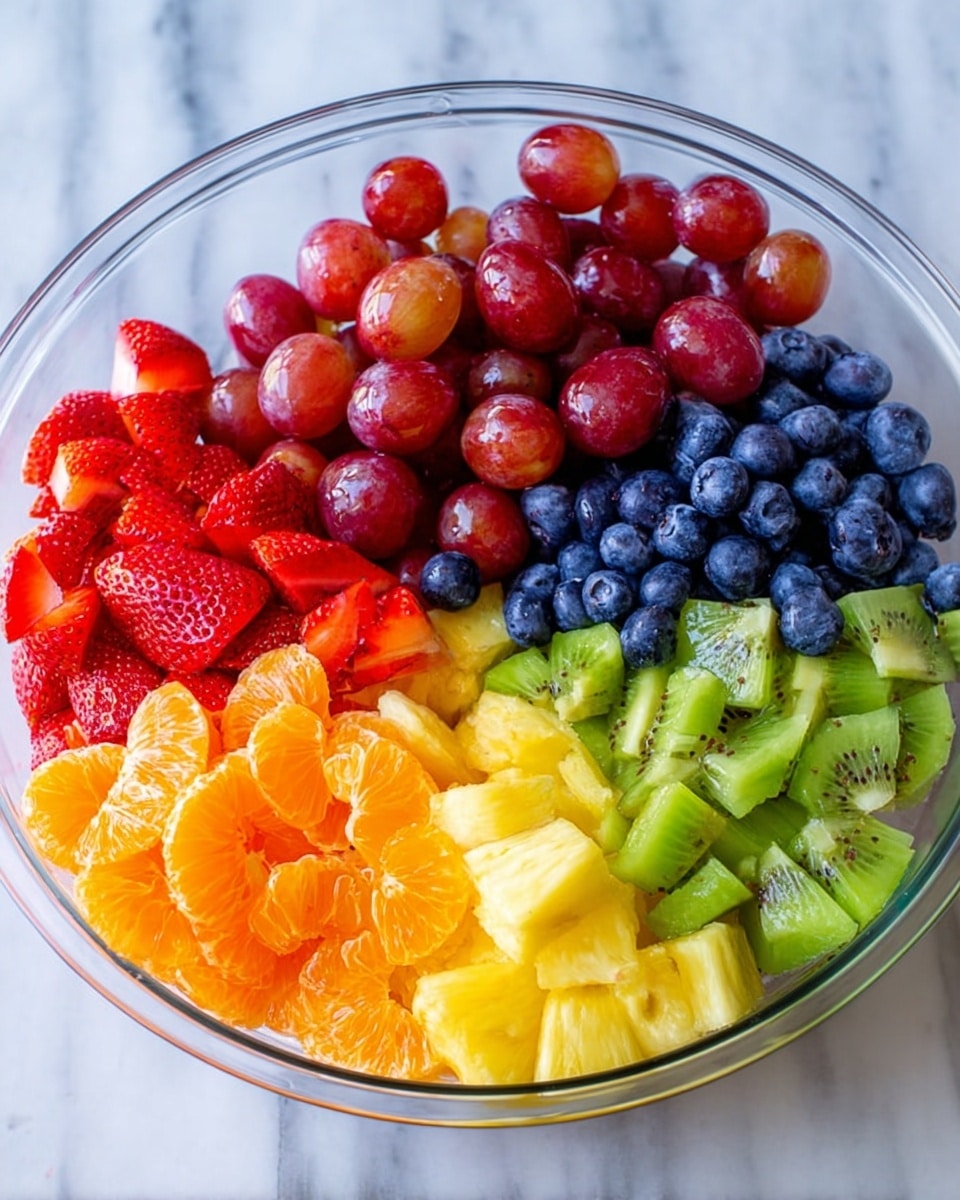 A clear glass bowl on a white marbled surface holds six sections of fresh fruit arranged nicely. Starting from the top left, there is a pile of shiny red grapes, some whole and some cut in half, showing their light green inside. To the right of the grapes, there is a tight cluster of small round blue blueberries. Below the blueberries, there is a group of small green kiwi pieces with visible black seeds and light green flesh. Next to the kiwi, moving left, are bright yellow chunks of pineapple. Below the pineapple, there are peeled orange segments with a slightly translucent look. Finishing the circle on the left, there are sliced strawberries showing their red and white insides. All the fruit layers are fresh and colorful, creating a vibrant mix. photo taken with an iphone --ar 4:5 --v 7