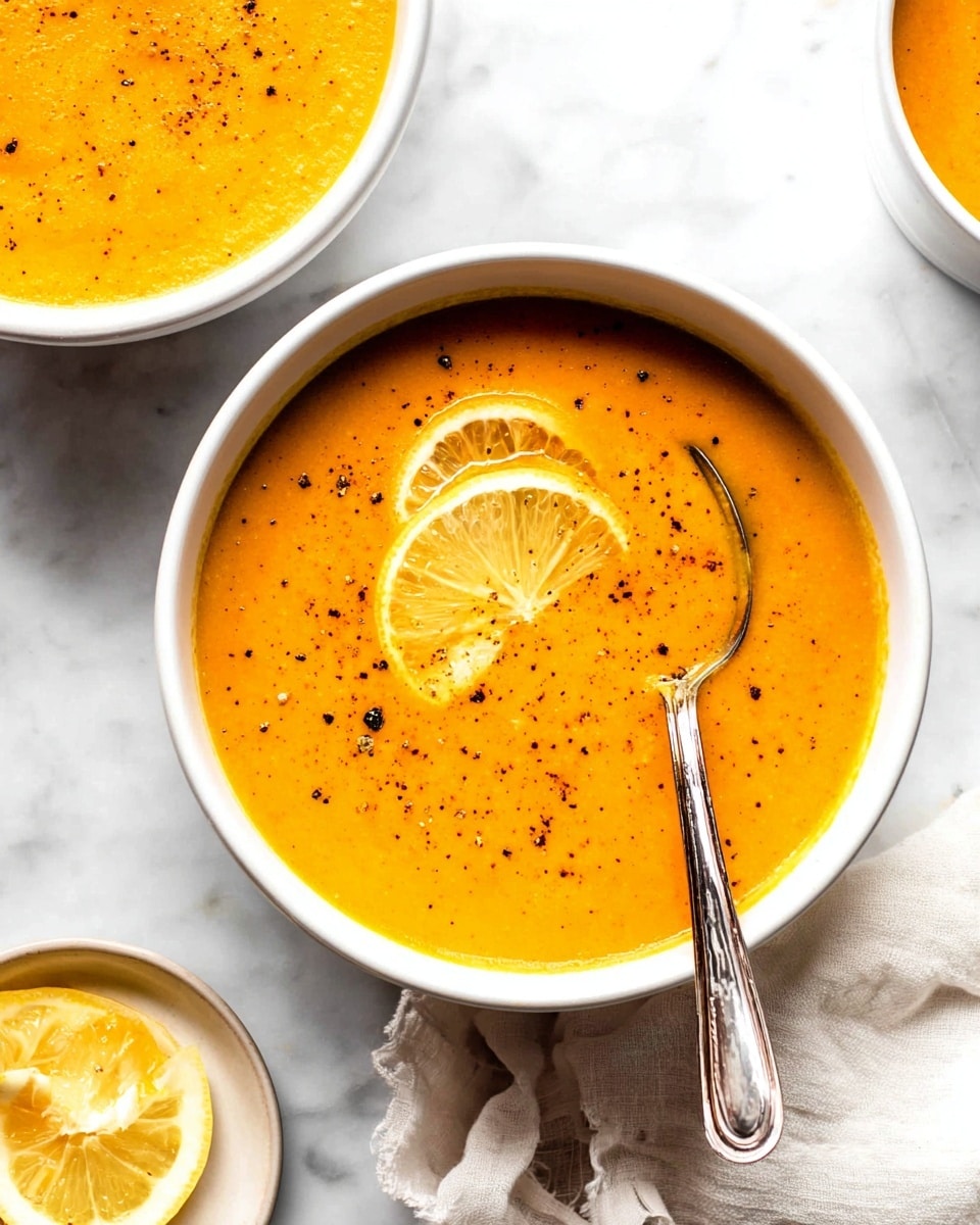The image shows a white bowl filled with thick, smooth orange soup with a slightly grainy texture, topped with two thin lemon slices arranged on one side and sprinkled with coarse black pepper. A silver spoon rests inside the bowl on the right side, partially submerged in the soup. Around the main bowl are parts of other white bowls, one with lemon slices visible. The setting is on a white marbled surface with a crumpled white cloth nearby. photo taken with an iphone --ar 4:5 --v 7