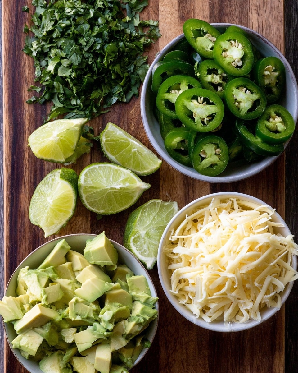 The image shows a wooden board with four groups of fresh ingredients: chopped green herbs at the top left corner, round slices of green peppers at the top right, lime wedges arranged in a small cluster in the middle right, a white bowl filled with chunks of avocado in the bottom left, and another white bowl filled with shredded cheese in the bottom right. The colors are bright green and yellow with the textures ranging from leafy and soft to smooth and shredded. The setting is focused closely on these fresh ingredients. photo taken with an iphone --ar 4:5 --v 7
