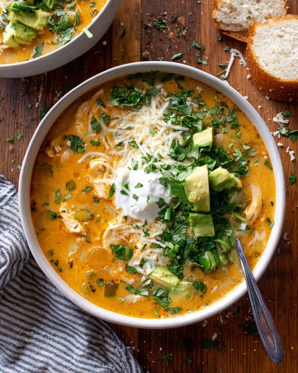 A white bowl filled with creamy, orange soup showing visible pieces of chicken and beans in the base layer, topped with a generous scoop of sour cream in the center. On top of this, there are chunky green avocado pieces scattered, finely chopped green onions spread around, shredded white cheese sprinkled near the sour cream, and a layer of chopped fresh cilantro covering parts of the soup. The bowl rests on a wooden surface with scattered crumbs and a slice of bread nearby, and a striped cloth partially visible on the left side. Photo taken with an iphone --ar 4:5 --v 7