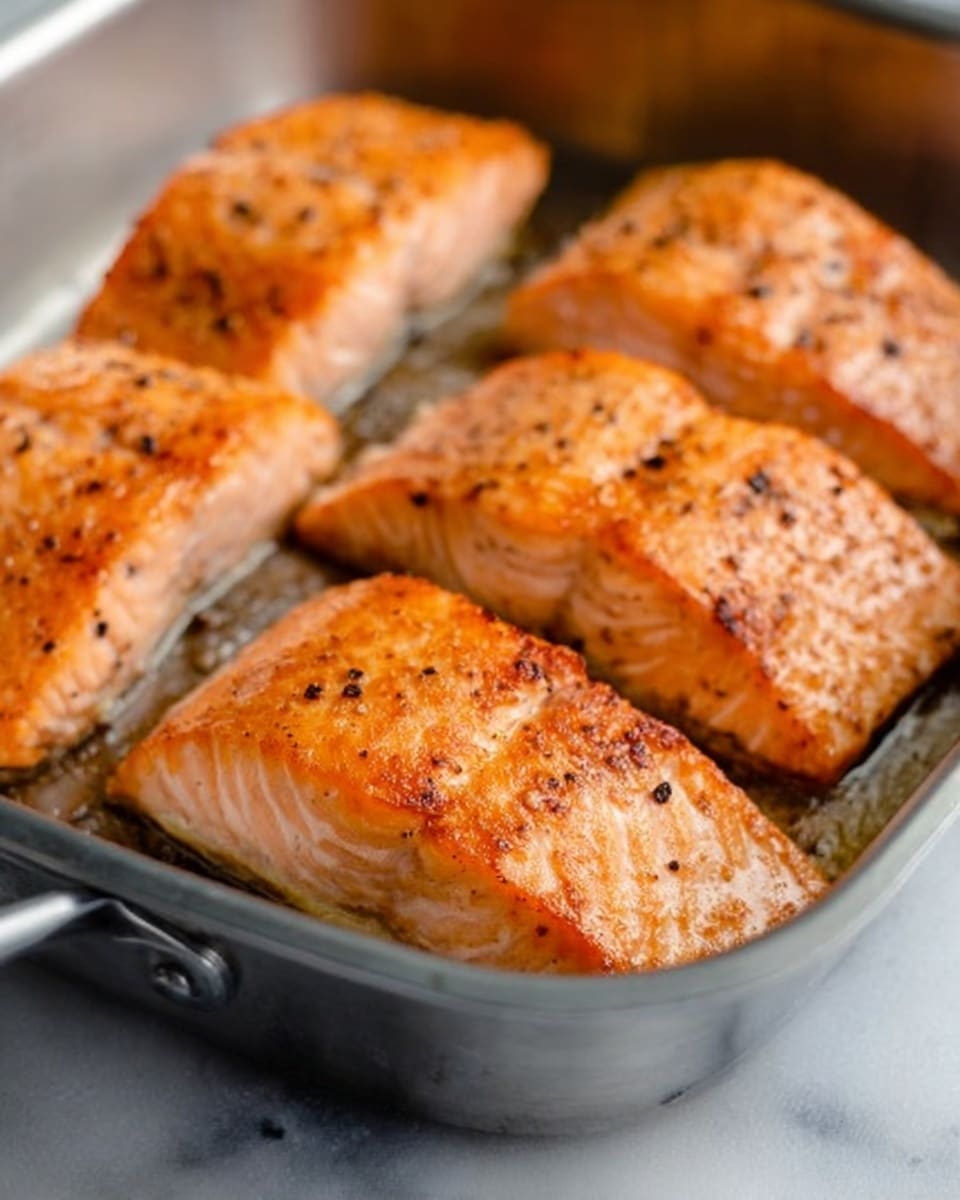 Four pieces of cooked salmon with a golden brown crust sit closely together in a silver metal pan. Each piece of salmon has a light orange-pink color with slight char marks and is seasoned with small black pepper flakes on top. The background shows a white marbled surface beneath the pan. The lighting highlights the slightly crispy texture on the salmon’s surface. Photo taken with an iphone --ar 4:5 --v 7