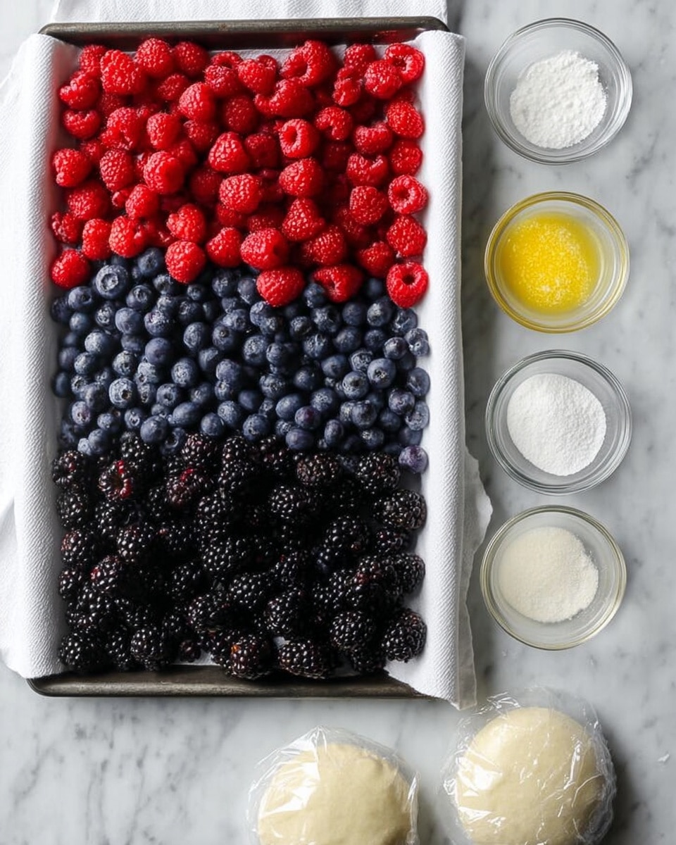 The image shows a baking tray lined with white cloth holding three layers of fresh berries: bright red raspberries at the top, blue blueberries in the middle, and black blackberries at the bottom. Next to the tray on a white marbled surface are six small clear glass bowls containing white sugar, light yellow lemon zest, white cornstarch, a small amount of salt, and two round dough discs wrapped in clear plastic. The colors are vivid, and the textures are natural and fresh, the berries looking plump and ripe, contrasting with smooth powders and dough. Photo taken with an iphone --ar 4:5 --v 7