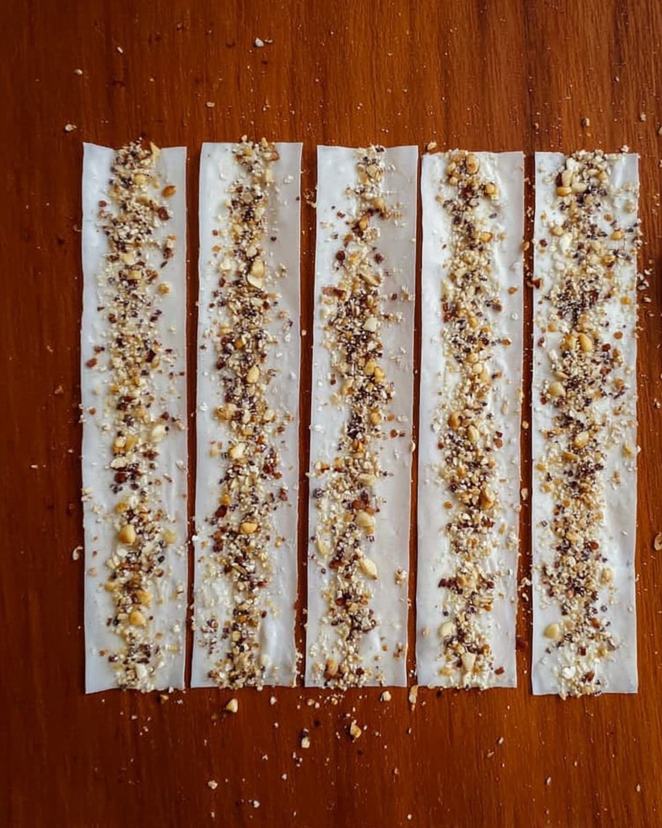 Six long, white strips are laid flat on a wooden surface, each strip evenly lined with a mixture of small crushed nuts and seeds spread down the center. The strips have a slightly wrinkled texture around the edges and some scattered bits of the mixture outside the lines. The wooden surface is smooth and warm brown in color, making the white strips stand out clearly. photo taken with an iphone --ar 4:5 --v 7