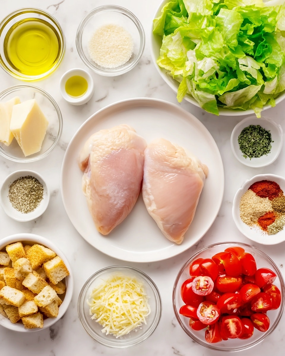 The image shows two pale pink raw chicken pieces placed in the center of a white plate which is on a white marbled surface. Surrounding the plate are small glass bowls filled with various ingredients: light yellow olive oil, greenish-yellow lemon juice, white granulated salt, grated pale yellow cheese, fresh green lettuce in a white bowl, golden brown croutons, sliced red cherry tomatoes in a white bowl, minced pale yellow garlic, a reddish-brown spice, dried green herbs, ground black pepper, and light yellow powder. The colors are clear, bright, and neatly arranged in a flat lay style, giving a fresh and clean look. photo taken with an iphone --ar 4:5 --v 7