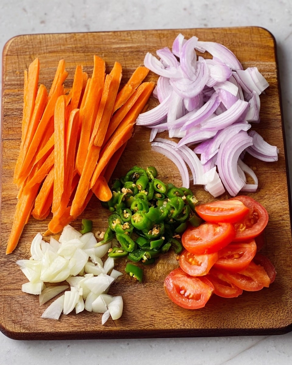 A wooden board placed on a white marbled surface holds five groups of sliced vegetables arranged in rows: on the left, long thin orange carrot sticks; next to them, pale purple onion slices with curved shapes; in the middle, small green chili pieces with seeds visible; on the right, small white garlic chunks; and just below the chili pieces, shiny red tomato slices with smooth texture. The lighting creates soft shadows, highlighting the colors and fresh textures of the vegetables. photo taken with an iphone --ar 4:5 --v 7