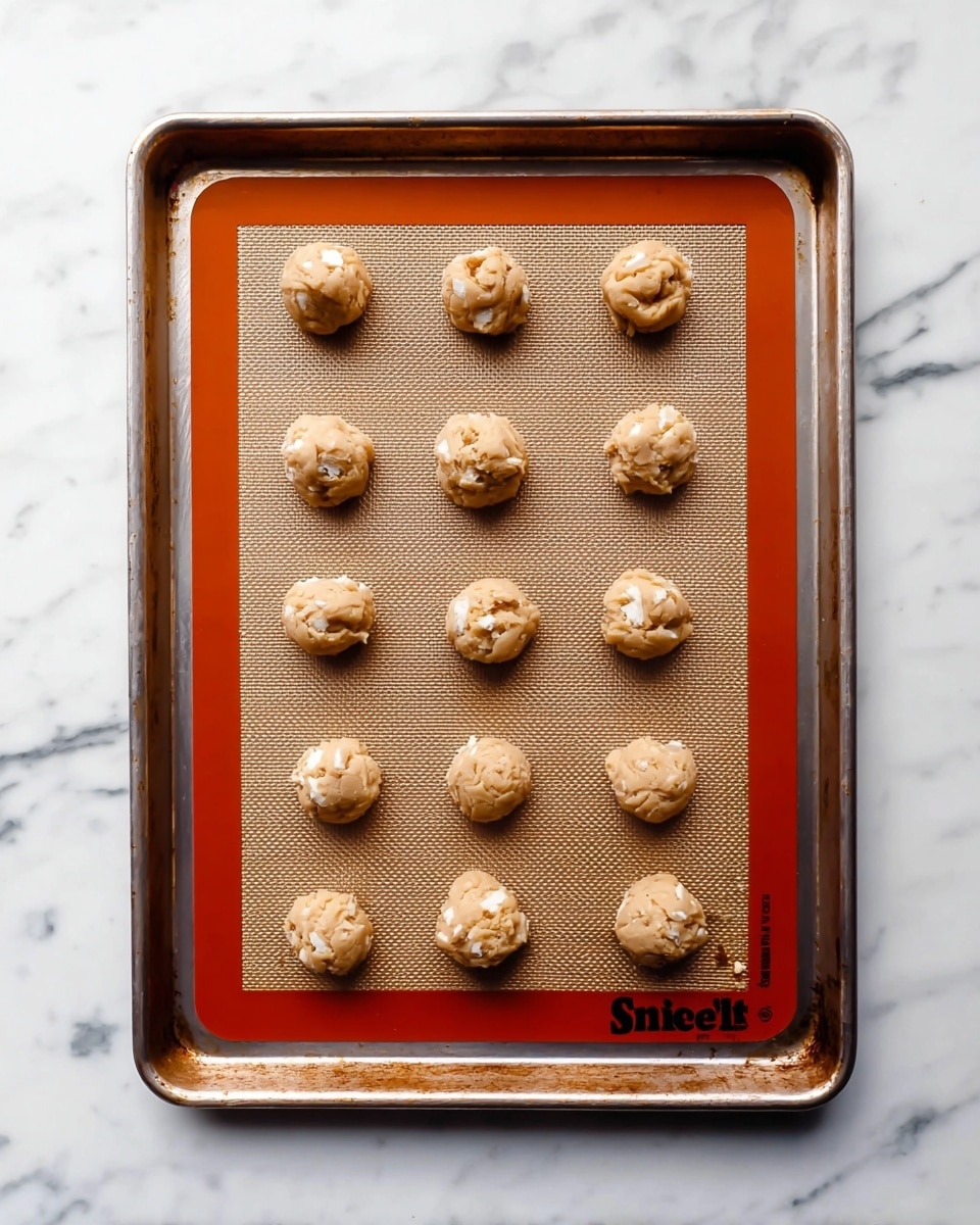 A metal baking tray holds a tan silicone baking mat with dark orange edges, placed on a white marbled surface. On the mat, there are twelve small round dough balls arranged in three rows with four balls each. The dough balls are light beige with visible white chunks mixed in, giving them a slightly lumpy texture. The baking mat has black text printed on the bottom right corner. Photo taken with an iphone --ar 4:5 --v 7