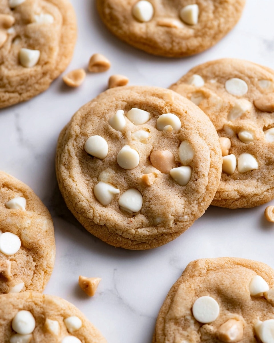 The image shows a close-up of two stacked cookies on a white marbled surface. The bottom cookie is whole with a light golden-brown color and visible white peanut butter chips embedded across its surface. The top cookie is broken in half, revealing a soft, crumbly inside with creamy white chips scattered within the dough. The stacked cookies are in sharp focus, while more cookies blur in the background against a clean, simple white backdrop. photo taken with an iphone --ar 4:5 --v 7