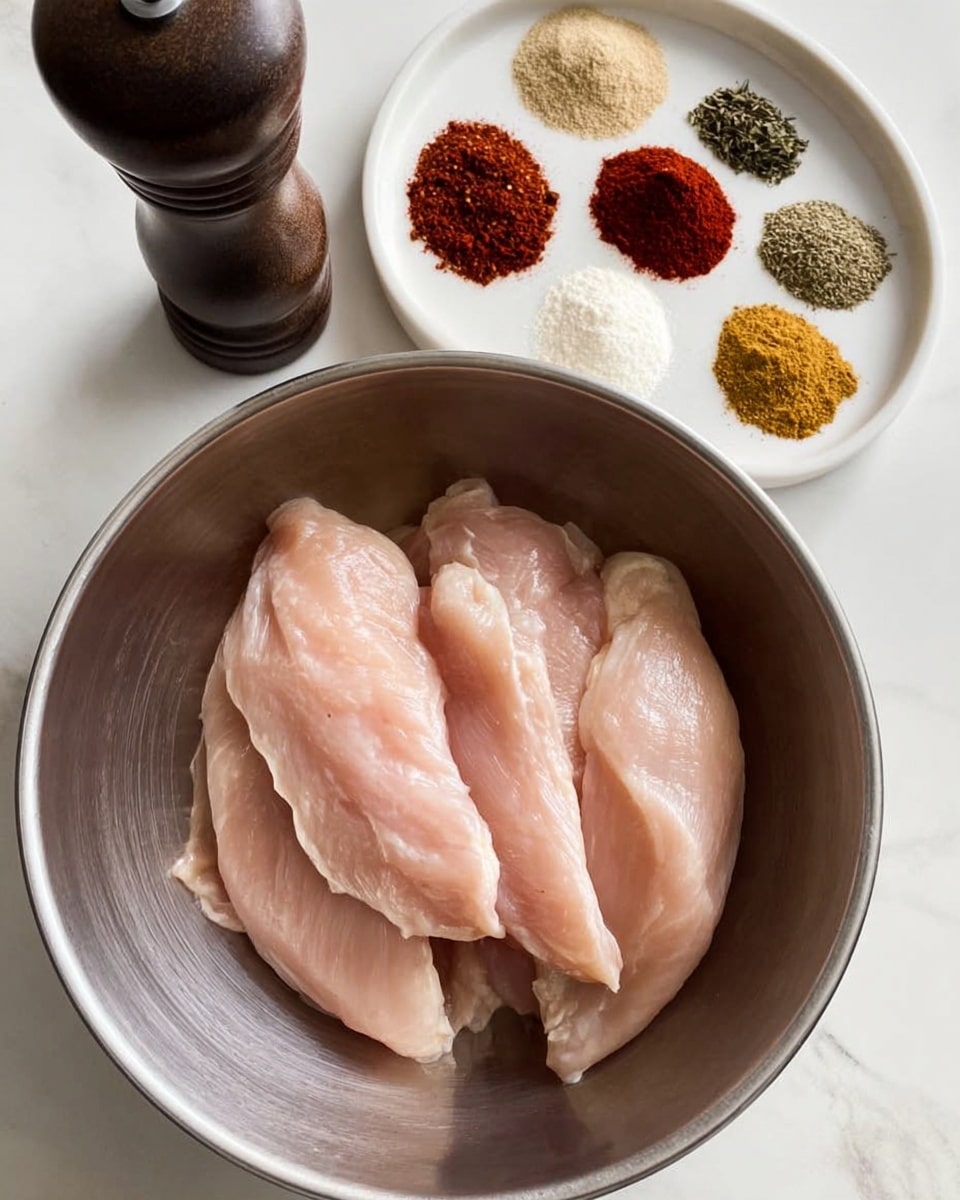 A large silver bowl placed on a white marbled surface contains six pale pink raw chicken fillets layered overlapping each other. To the upper right side on the same surface, there is a white bowl holding six separate piles of spices arranged in a circular pattern. The spice colors include light beige, black and green mixed herbs, white, deep red, and light yellowish powders. Above the bowl of chicken, there is a tall dark pepper grinder. Photo taken with an iphone --ar 4:5 --v 7