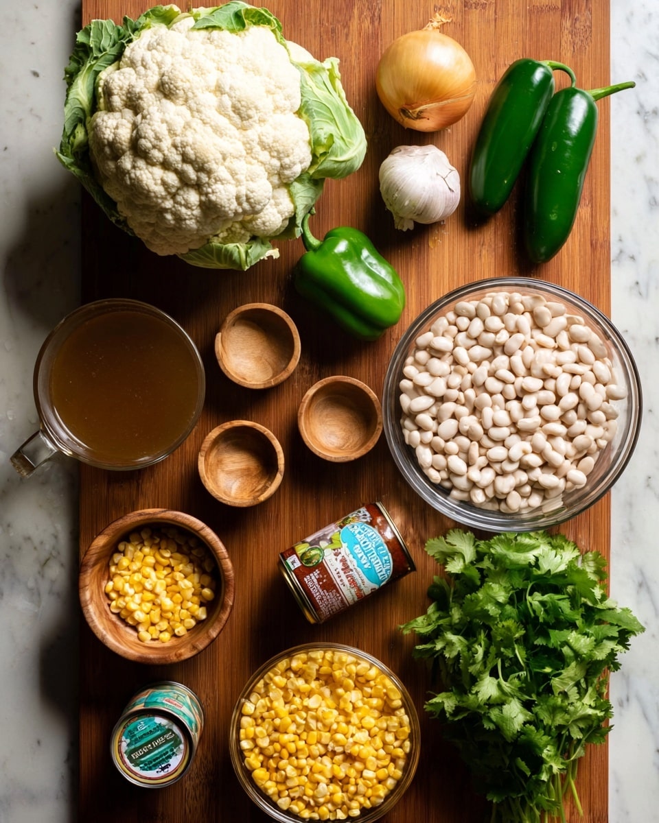 A wooden surface with various fresh ingredients neatly laid out, including a large cauliflower with green leaves on the top left, two jalapeño peppers in a row on the top right, a whole garlic bulb beside them, and a yellow onion and green bell pepper placed diagonally from left to center. There are five small wooden containers lined up in the middle. A clear glass bowl filled with white beans sits on the right next to a bunch of fresh green cilantro on the bottom right. On the bottom left, a small bowl of bright yellow corn kernels, an unopened can of coconut milk, a whole lime, a clear measuring cup filled with brown broth, and two small cans of chipotle peppers are arranged in a loose cluster, all on a white marbled texture background. photo taken with an iphone --ar 4:5 --v 7