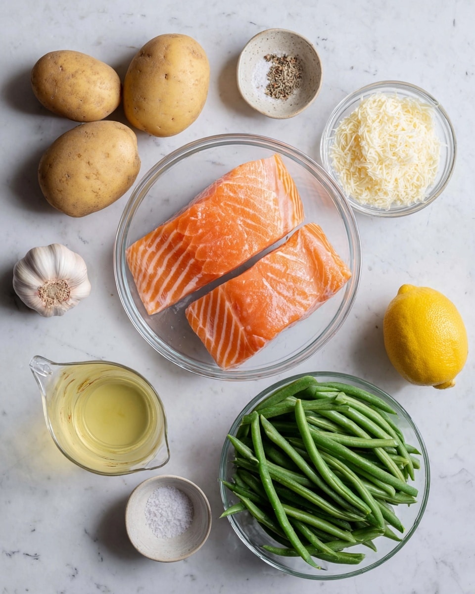 The image shows raw salmon fillets with bright orange and white striped patterns placed in a clear glass bowl on a white marbled surface. Nearby, a bowl of fresh green beans displays long, slender, green pods, while another small clear bowl holds fine white grated cheese. Around the bowls, there are three light brown potatoes with smooth skins, a whole yellow lemon, a small bowl with two peeled garlic cloves, a small bowl of salt and pepper mixed together, a clear glass measuring cup of pale yellow lemon juice, and a small bottle of light golden olive oil. All ingredients are neatly arranged with natural lighting, giving a clean and fresh look. photo taken with an iphone --ar 4:5 --v 7
