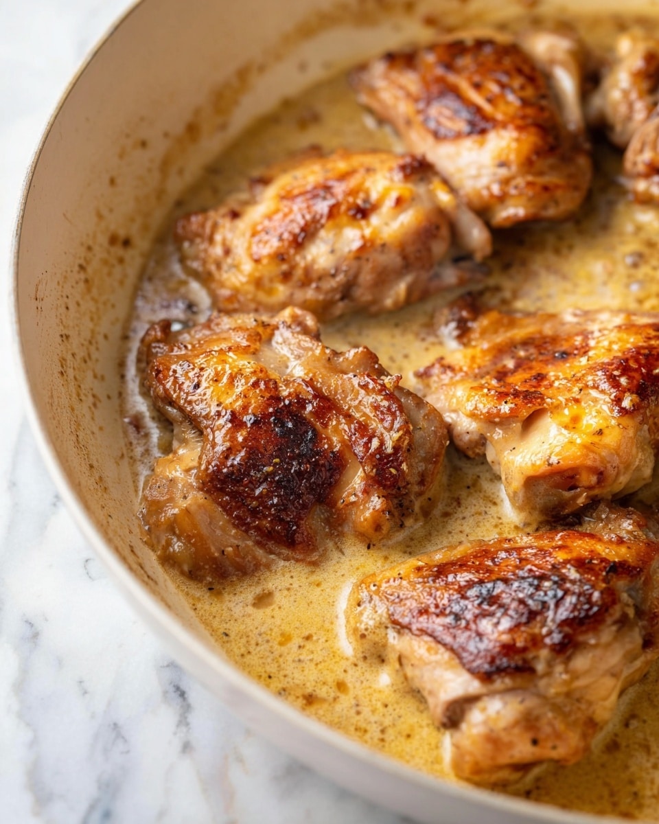 The image shows several pieces of cooked chicken with a golden brown and slightly crispy skin, sitting in a creamy, bubbling sauce inside a white pan. The chicken pieces vary in size and shape, with the browned surface showing some darker caramelized spots, and the sauce pooling around them has a warm, light brown color with a smooth, shiny texture. The background is a white marbled surface. Photo taken with an iphone --ar 4:5 --v 7