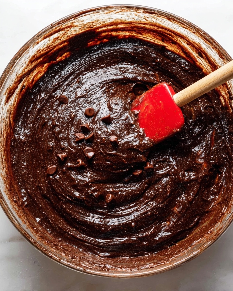 A close-up view of a clear glass bowl filled with thick, dark brown chocolate batter. The texture is smooth and shiny with visible chocolate chips mixed in. A red silicone spatula with a wooden handle is partially dipped into the batter on the right side. The edges of the bowl show some batter smeared around. The bowl is placed on a white marbled surface. photo taken with an iphone --ar 4:5 --v 7