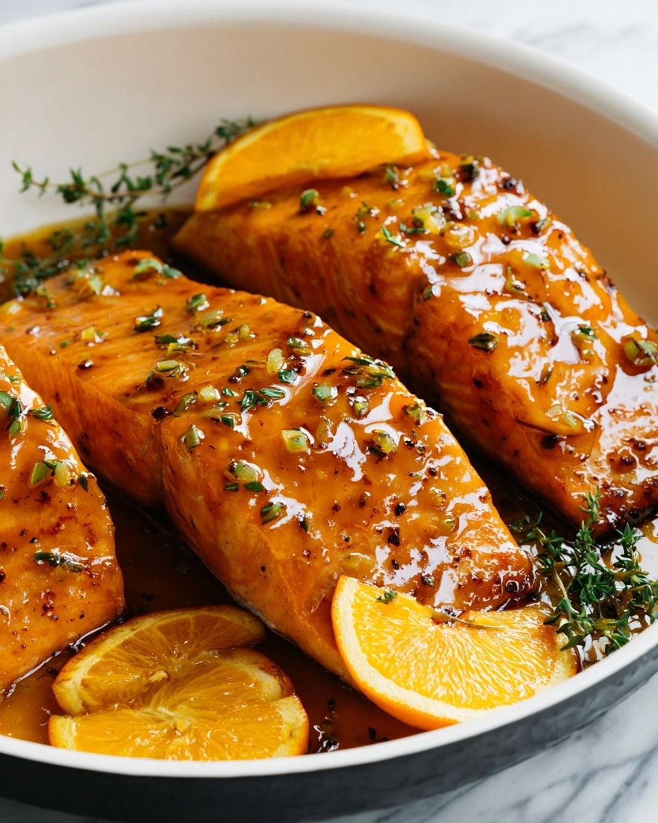 The image shows three cooked salmon fillets in a white pan. Each fillet has a golden brown top layer with a shiny orange glaze, dotted with small green herb pieces. Around the fillets are slices of bright orange, adding a fresh look. Small sprigs of green herbs lie next to the fillets, adding color and texture. The white pan sits on a surface with a white marbled texture. The light reflects off the glossy sauce, making the dish look juicy and fresh photo taken with an iphone --ar 4:5 --v 7