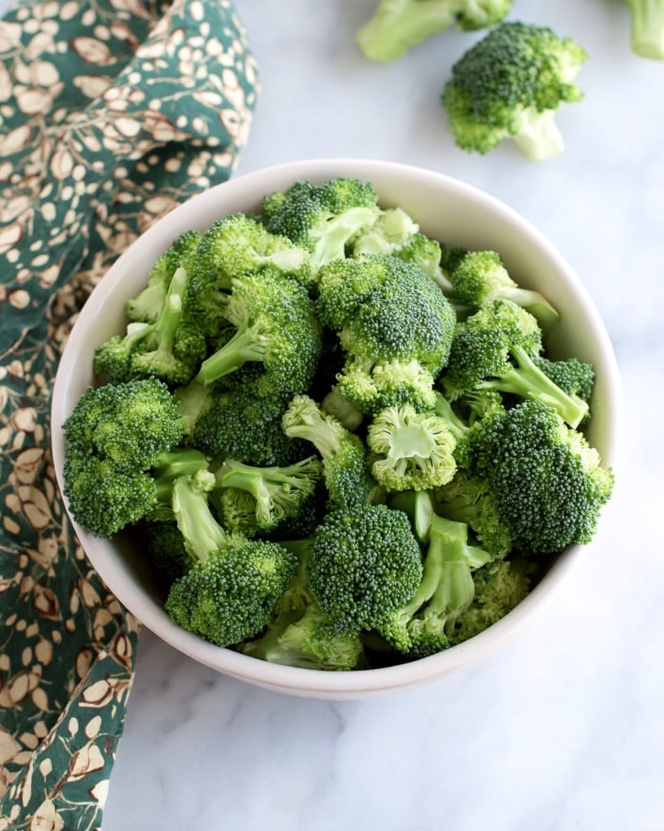 A white bowl filled with many pieces of fresh broccoli florets, showing tiny green buds and light green stems with a rough texture, sitting on a white marbled surface. In the background, a few loose broccoli pieces rest on the marble, and a green and white cloth with a dark brown pattern is partially visible. The scene is bright and clean, focusing on the natural green shades and fresh look of the broccoli photo taken with an iphone --ar 4:5 --v 7