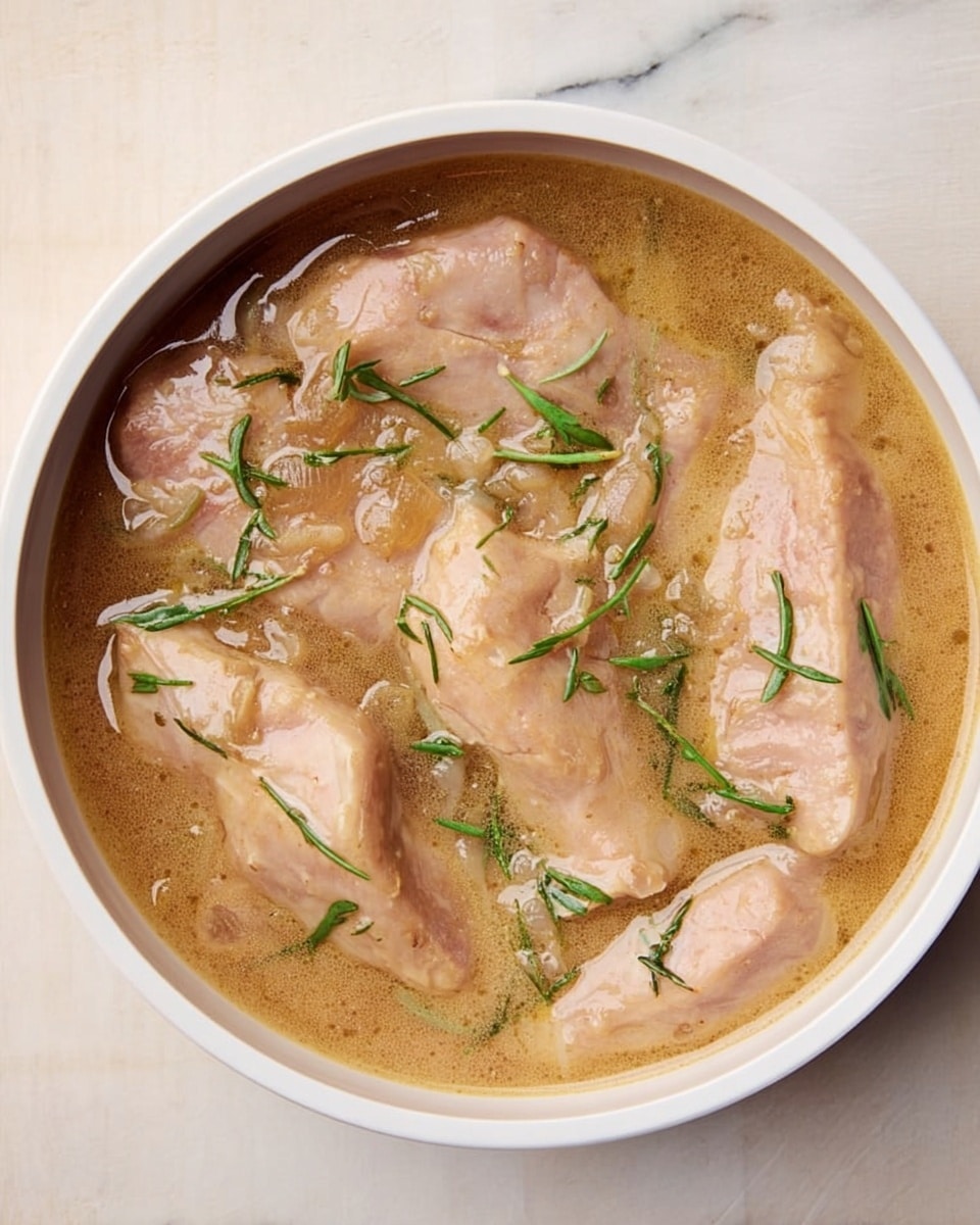 The image shows a white bowl filled with several pieces of raw light pink meat submerged in a thick light brown sauce with a smooth texture. Small green herb leaves are scattered evenly on top of the meat and sauce, adding a fresh touch. The bowl rests on a white marbled surface that has subtle grey veins. photo taken with an iphone --ar 4:5 --v 7
