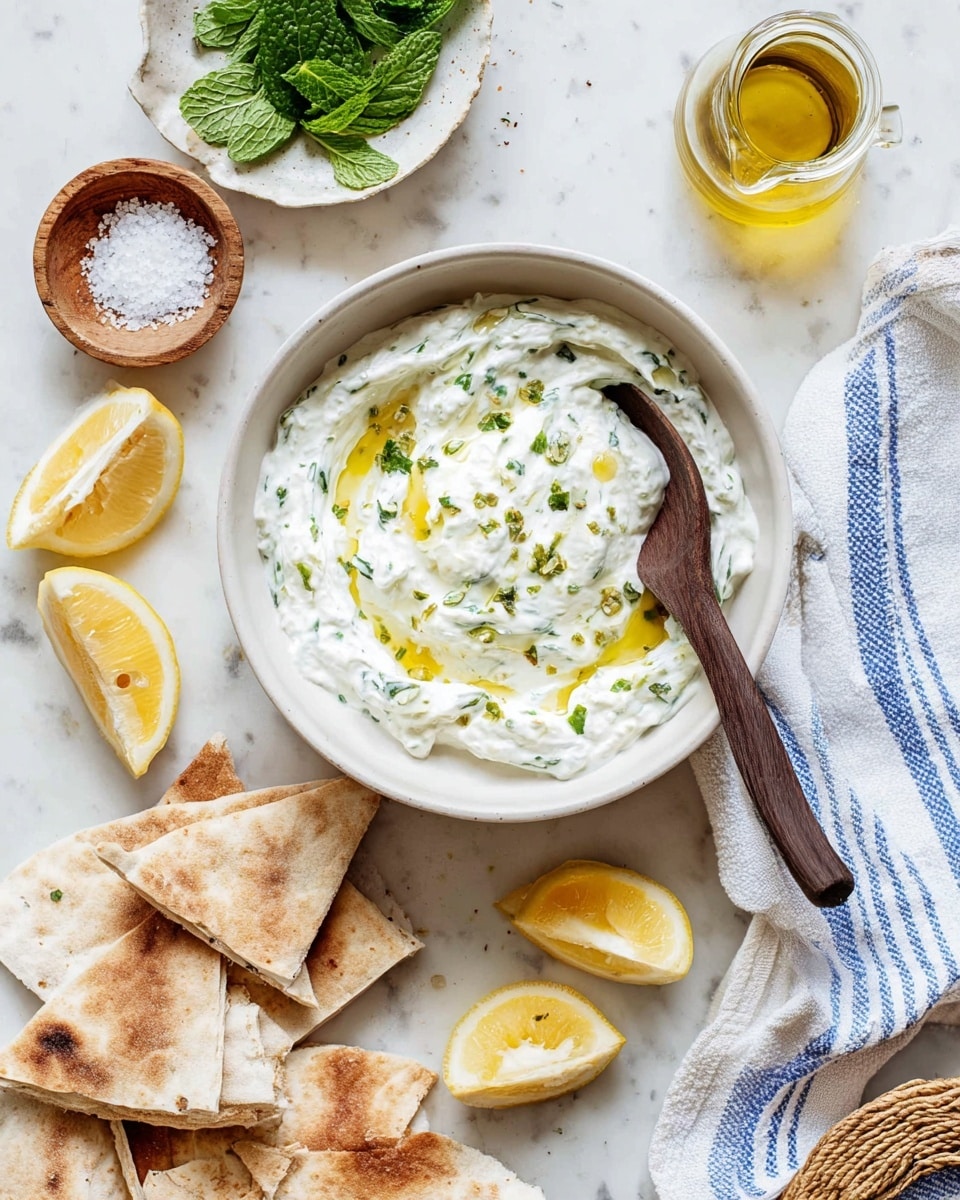 A white bowl filled with creamy white yogurt mixed with finely chopped green herbs and small yellow olive oil pools on top. A wooden spoon with a dark brown handle is placed inside the bowl, partially dipped in the yogurt. Around the bowl, there are several pieces of light brown pita bread stacked next to the bowl. Nearby, a small round wooden dish holds coarse salt, and a white dish with blue edges contains fresh green mint leaves. Lemon wedges and a small glass jar filled with golden olive oil are placed on a white marbled surface. A white cloth with blue stripes is casually placed on the right side. photo taken with an iphone --ar 4:5 --v 7