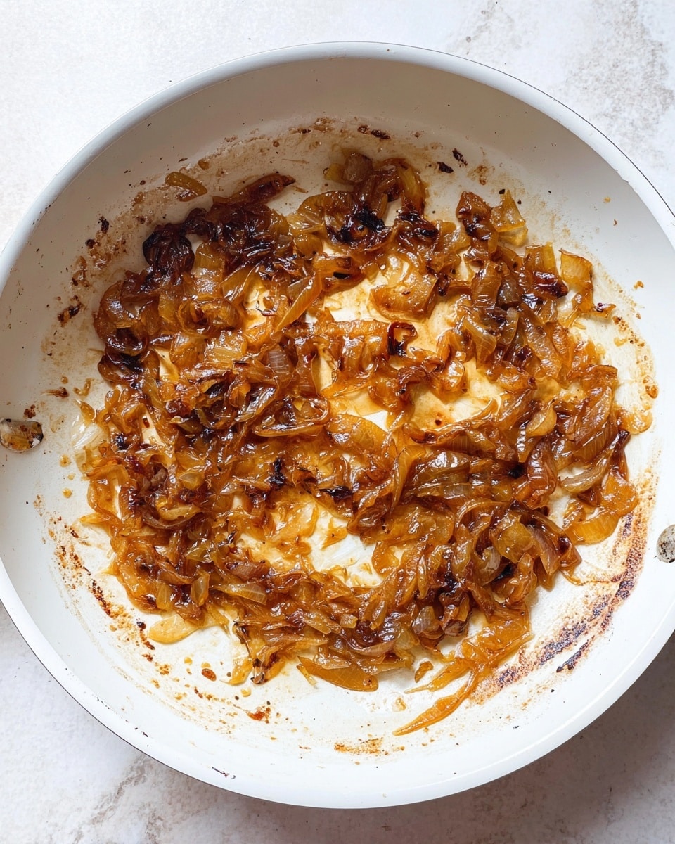 The image shows a white frying pan with caramelized onions spread unevenly inside. The onions have a rich golden brown to dark brown color, with some edges slightly darker, giving a glossy and sticky texture. The pan has some small burnt spots on its white surface near the edges, adding contrast. The background is a white marbled surface visible around the pan edges. photo taken with an iphone --ar 4:5 --v 7