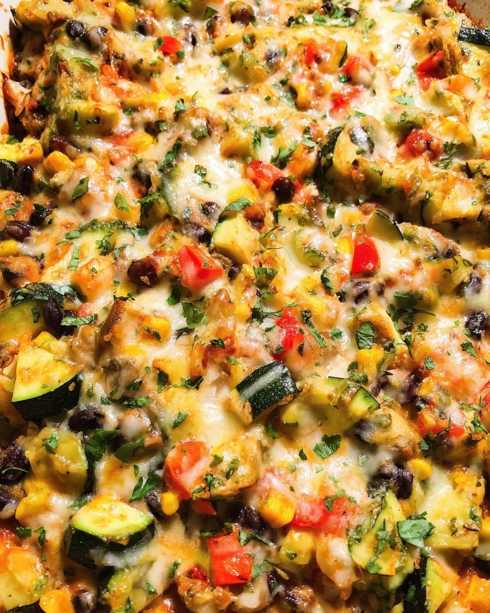 The dish shows a close-up of melted cheese mixed with diced green zucchini, black beans, yellow corn, and small pieces of red and green peppers. The cheese is melted evenly over the colorful vegetables, with bits of chopped green herbs scattered on top. The texture looks creamy from the cheese and slightly soft from the cooked vegetables. The layers include a base of mixed vegetables followed by a layer of melted cheese that covers the whole dish. The colors are bright green, yellow, red, black, and white, all blended smoothly together. The photo is taken with an iphone --ar 4:5 --v 7