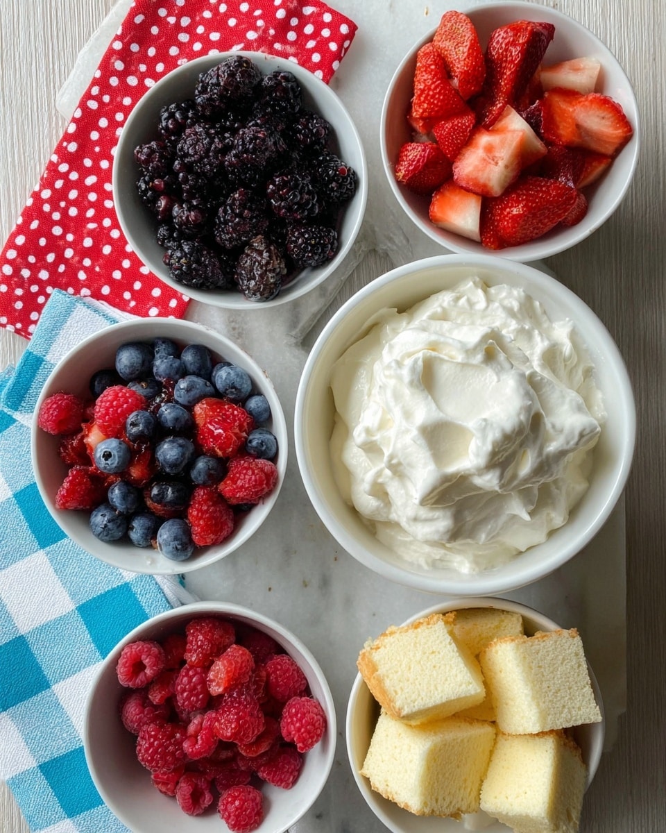 The image shows five white bowls on a white marbled surface arranged with a red and white polka dot napkin and a blue and white checkered napkin underneath. One bowl contains fresh blackberries and blueberries together, showing dark purple and blue shades with a shiny texture. Another bowl is filled with bright red strawberries sliced into pieces. A third smaller bowl has fresh raspberries with a rough surface and soft red color. Next to these fruit bowls is a bowl filled with large cubes of yellowish sponge cake with a soft texture. Lastly, there is a large tub filled with smooth white whipped cream with soft peaks on top. Photo taken with an iphone --ar 4:5 --v 7